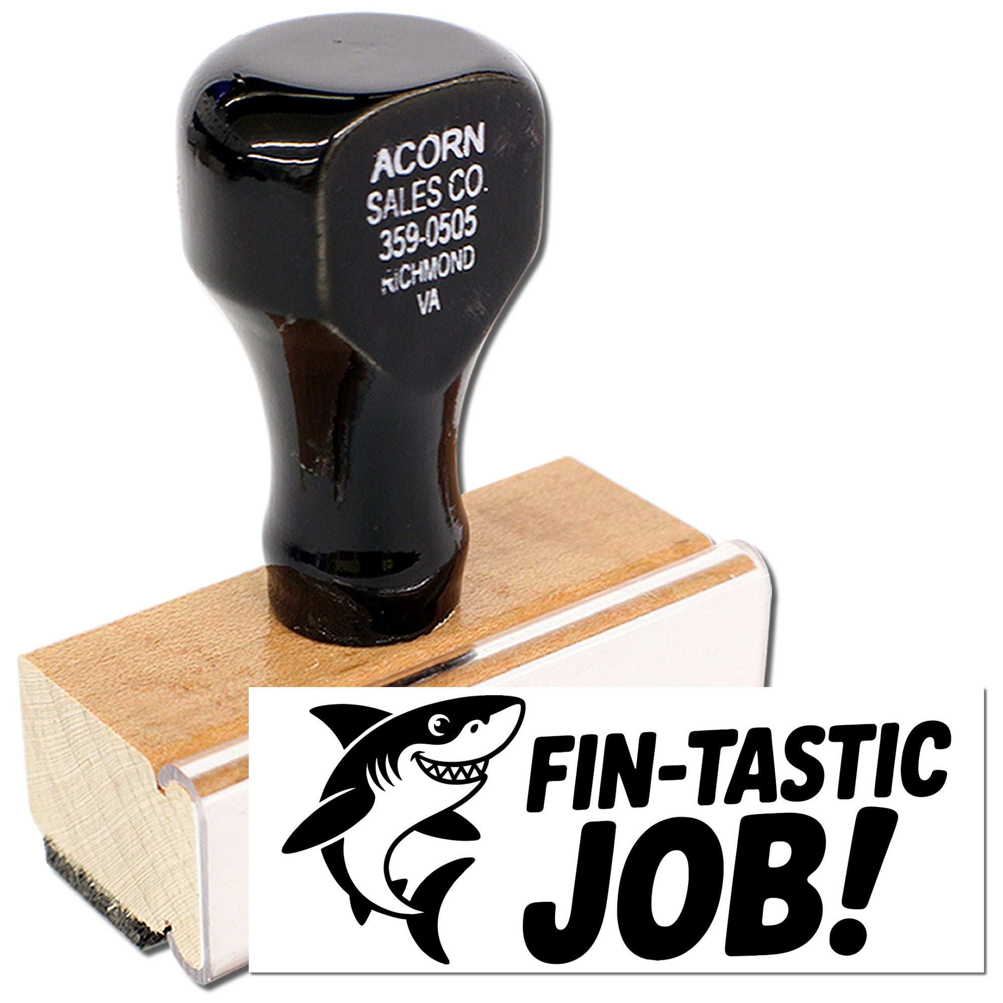 Custom rubber stamp with shark logo and Fin-tastic Job! for fun teacher rewards, office approvals, and business branding.