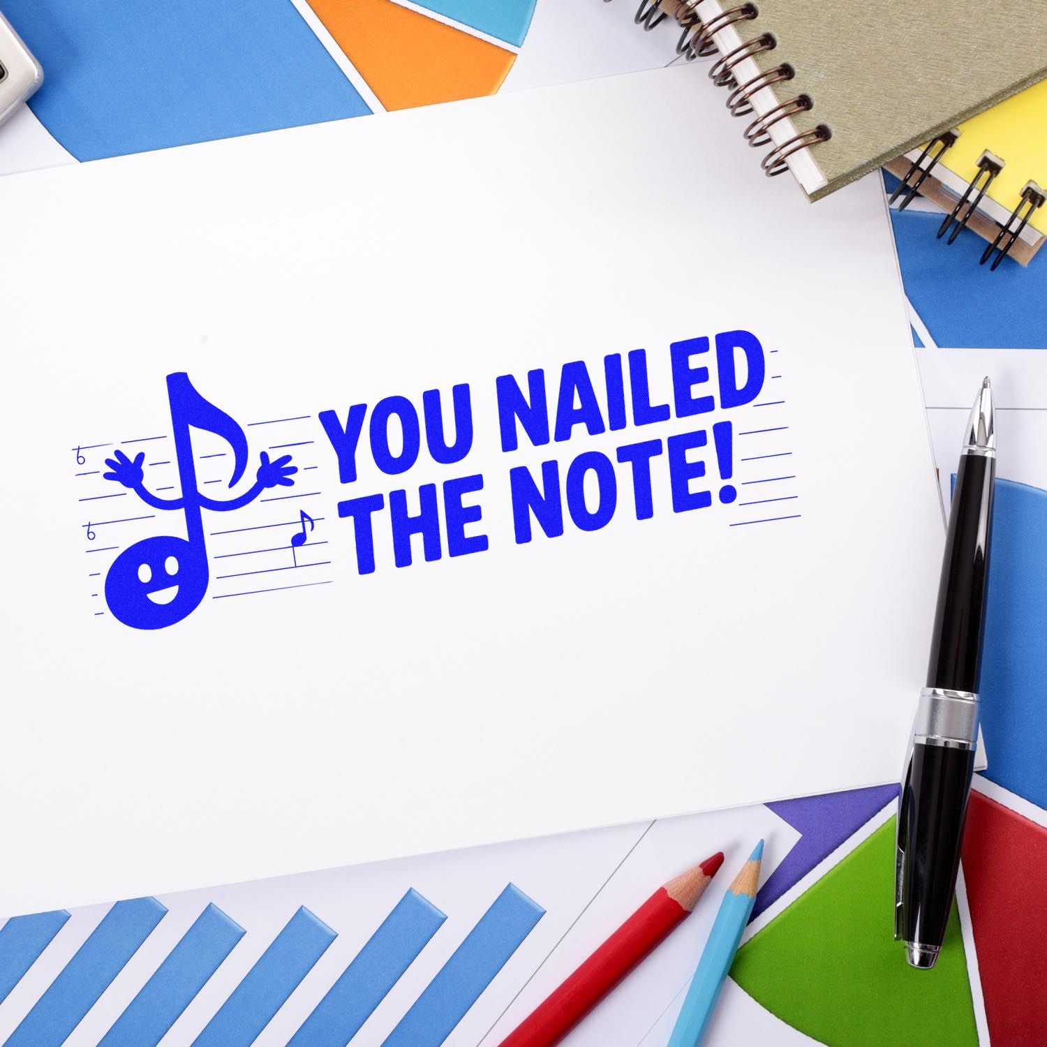 Rubber stamp design with You Nailed the Note! on stationery, ideal for teacher grading, office use, and custom stamp branding.