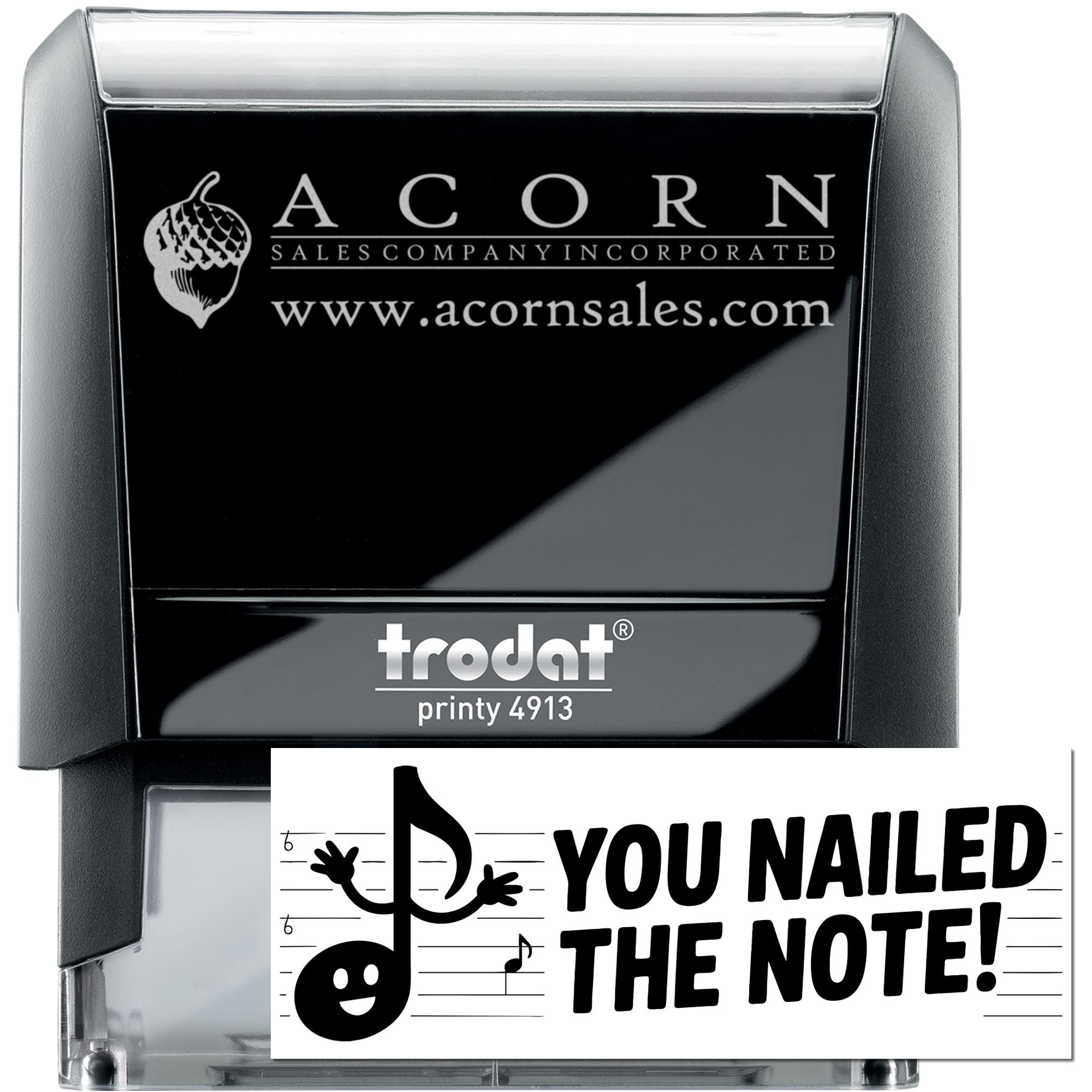 Custom Trodat Printy 4913 self-inking rubber stamp with Acorn Sales logo and You nailed the note! design.