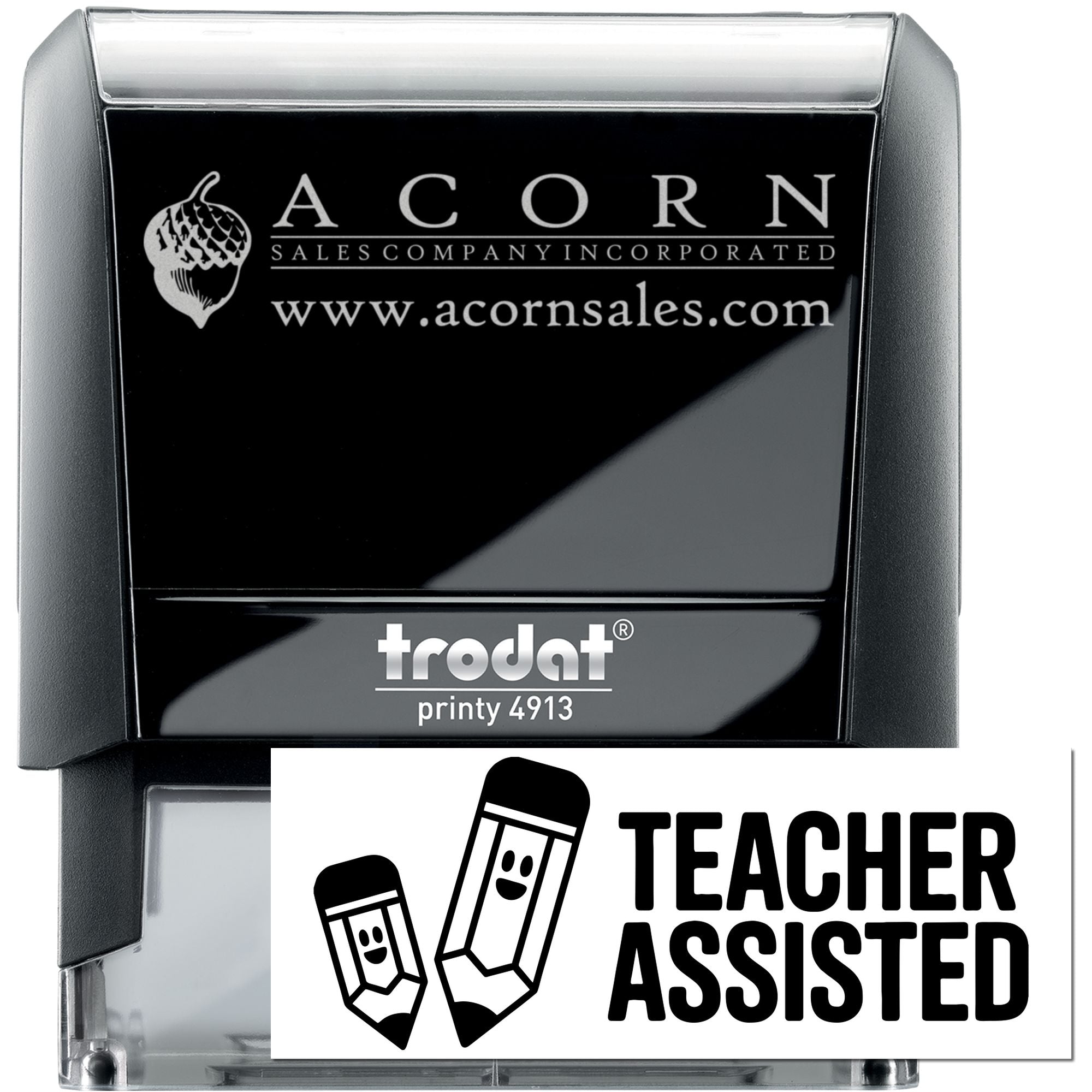 Custom self-inking rubber stamp with Acorn Sales Company logo and website, Trodat Printy 4913 office stamp