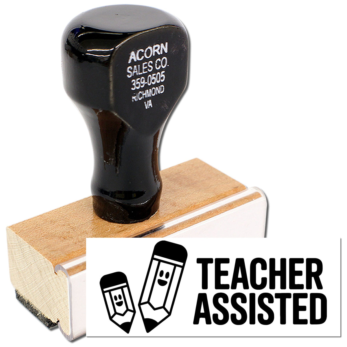 Teacher Assisted rubber stamp with pencil icons on a wooden handle for classrooms, grading, and student feedback.