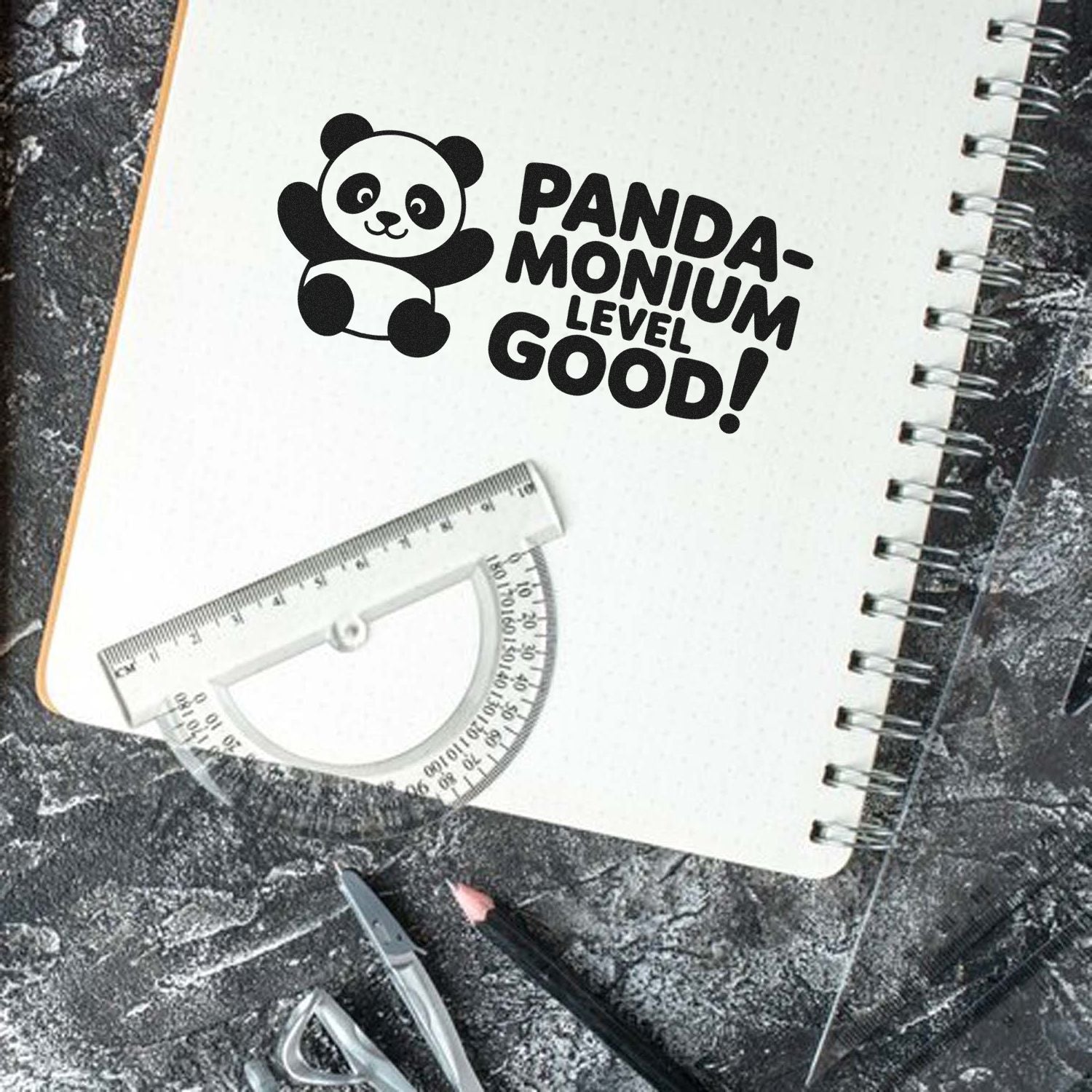 Panda-monium Level Good! cute panda rubber stamp design for notebooks, planners, and teacher reward crafts.