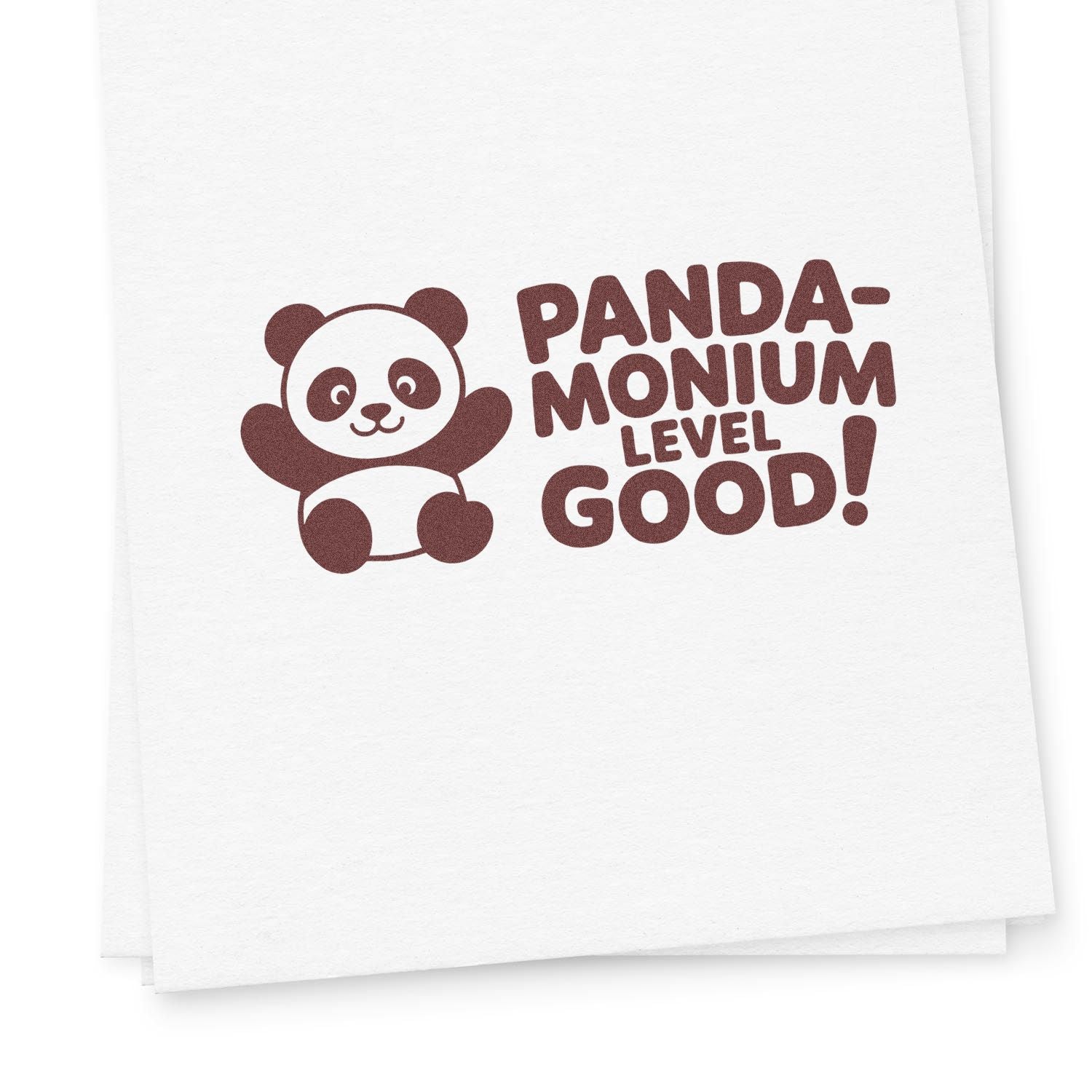 Panda rubber stamp design with Panda-monium Level Good! text for cute craft, teacher, or scrapbook projects.