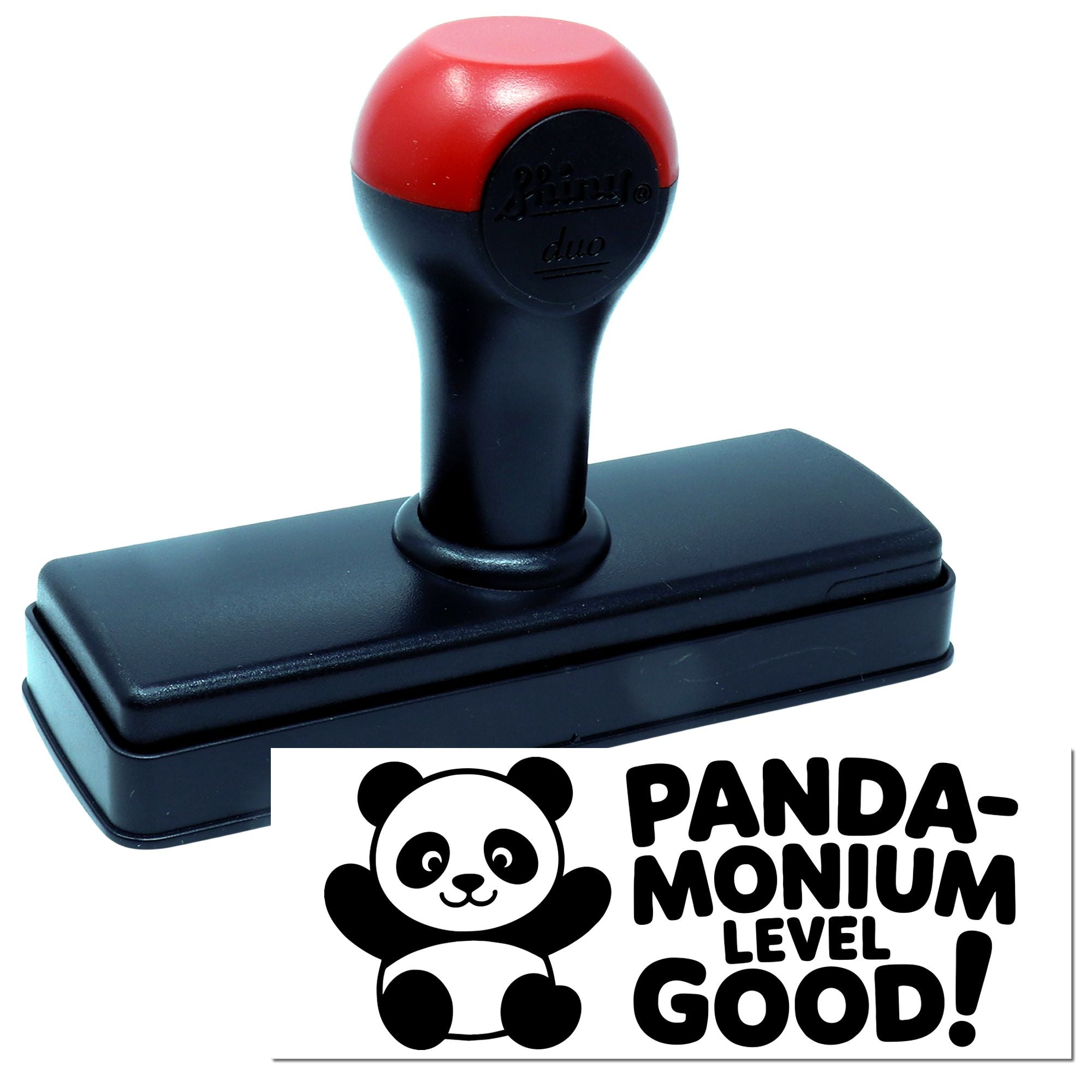 Self-inking rubber stamp with panda design and Panda-monium Level Good! impression for fun teacher rewards