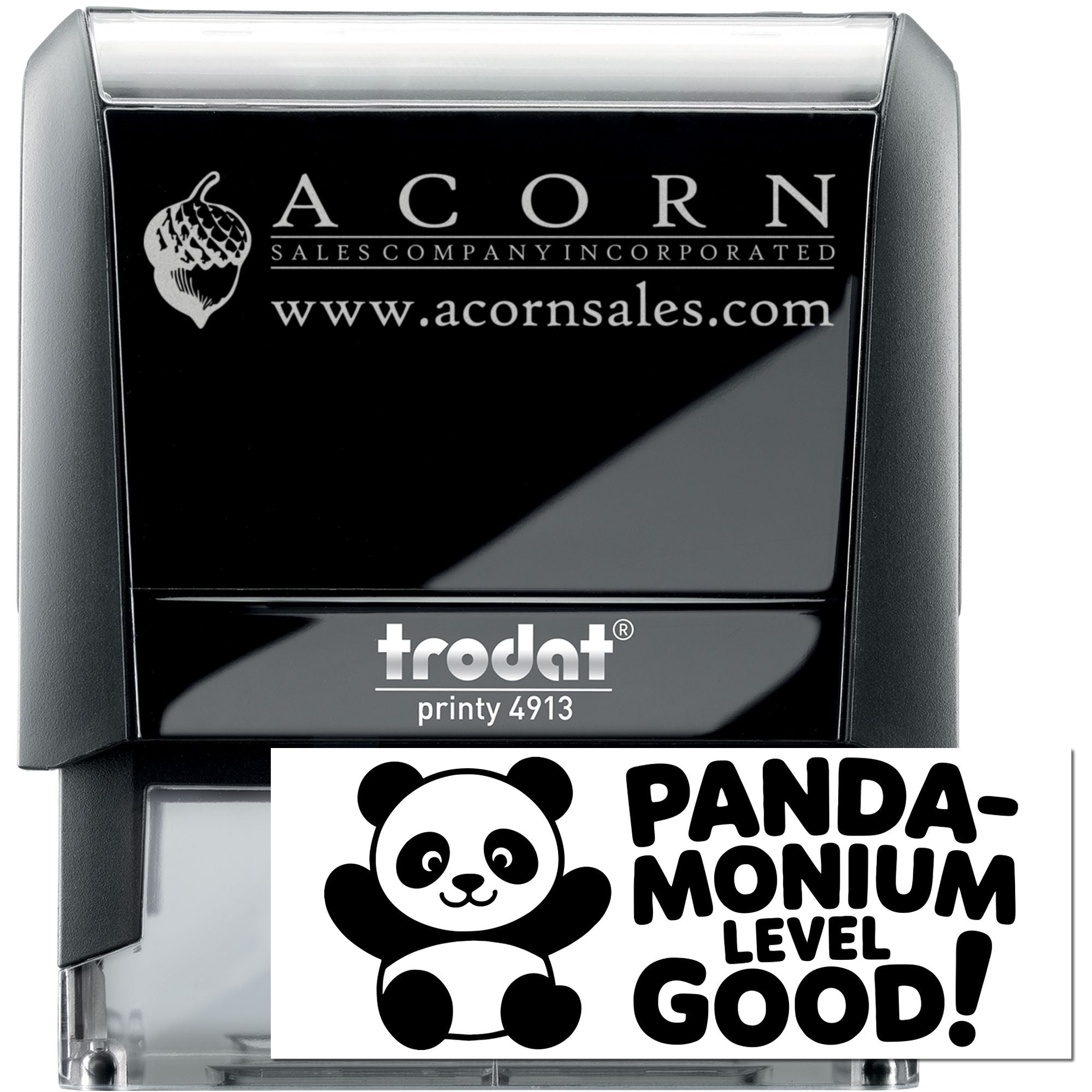 Trodat Printy 4913 custom self-inking rubber stamp with Acorn Sales logo and Panda Monium design for branded business use.