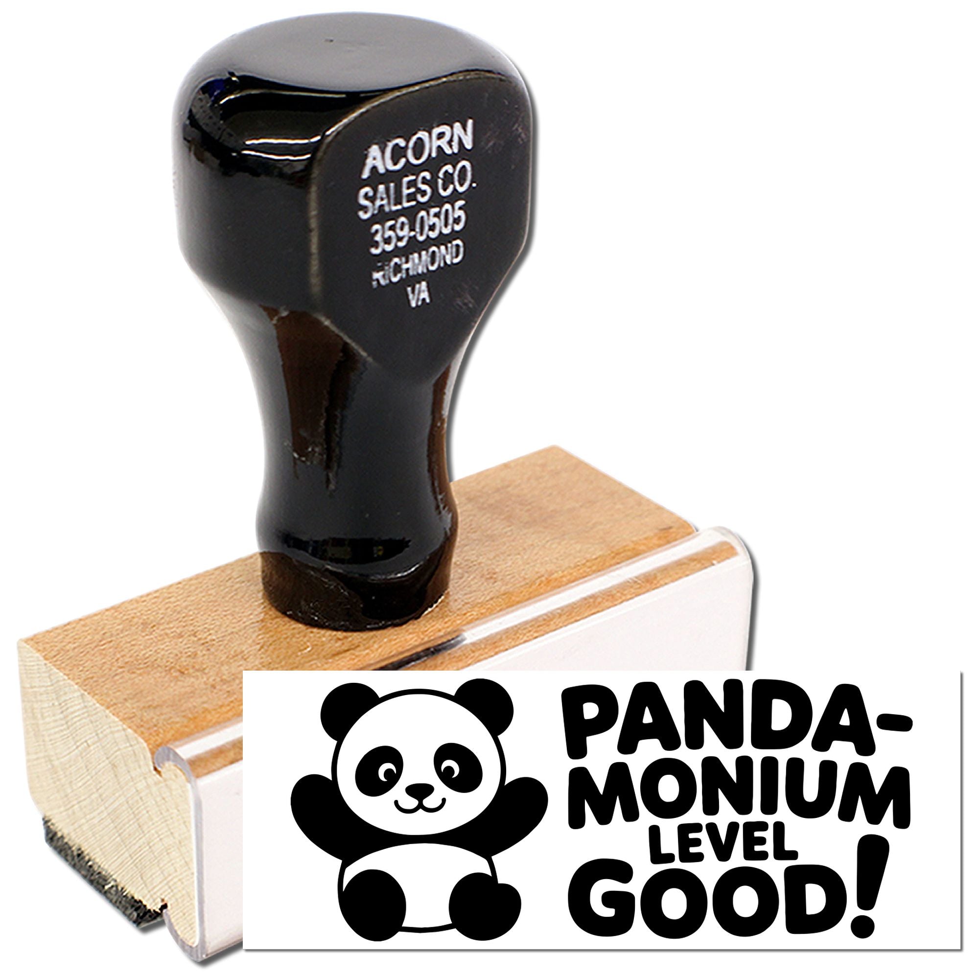 Panda-monium Level Good rubber stamp with cute panda design, ideal for teacher rewards, kids crafts, and office stamping.