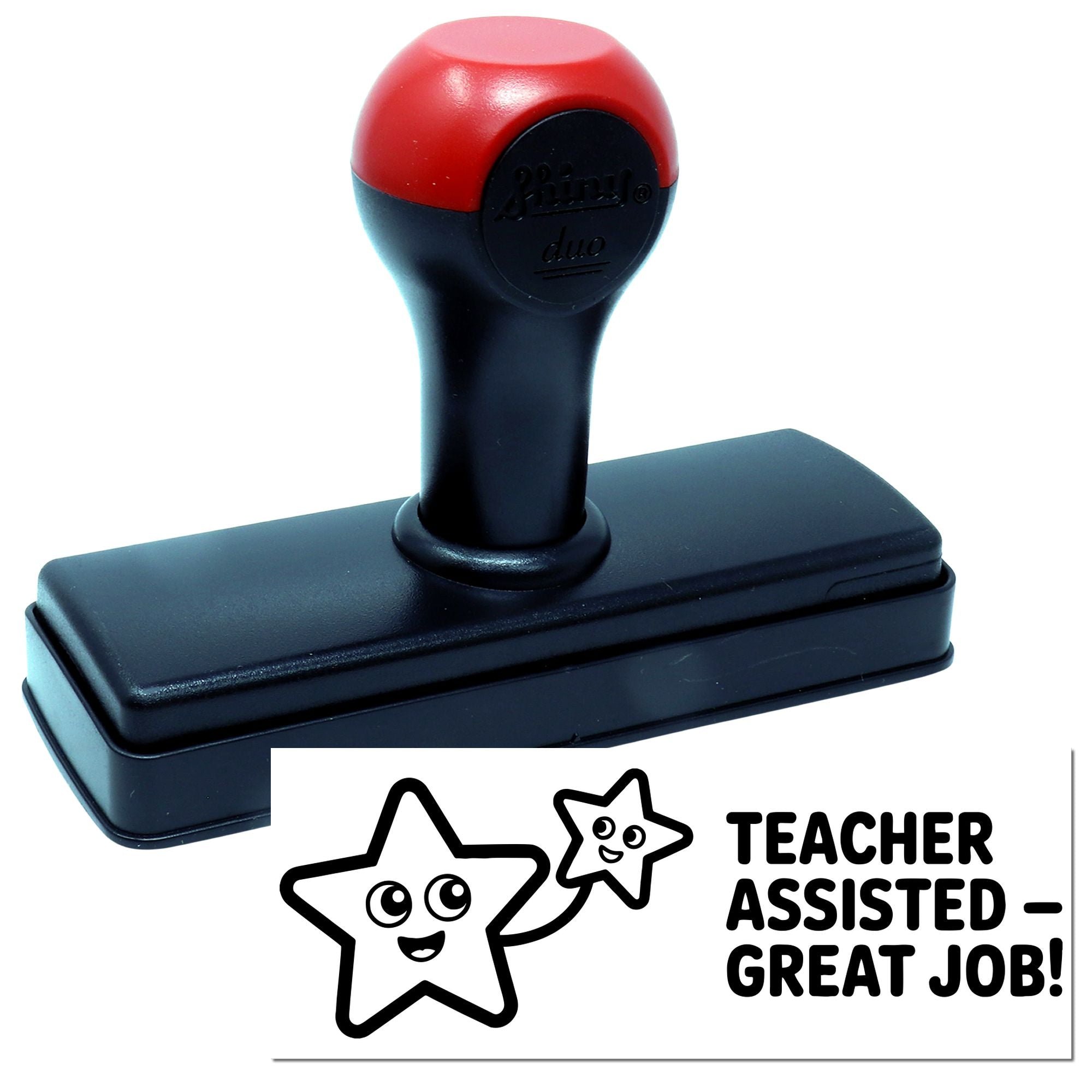 Teacher Assisted Great Job rubber stamp with smiling stars for classroom rewards and positive student feedback.