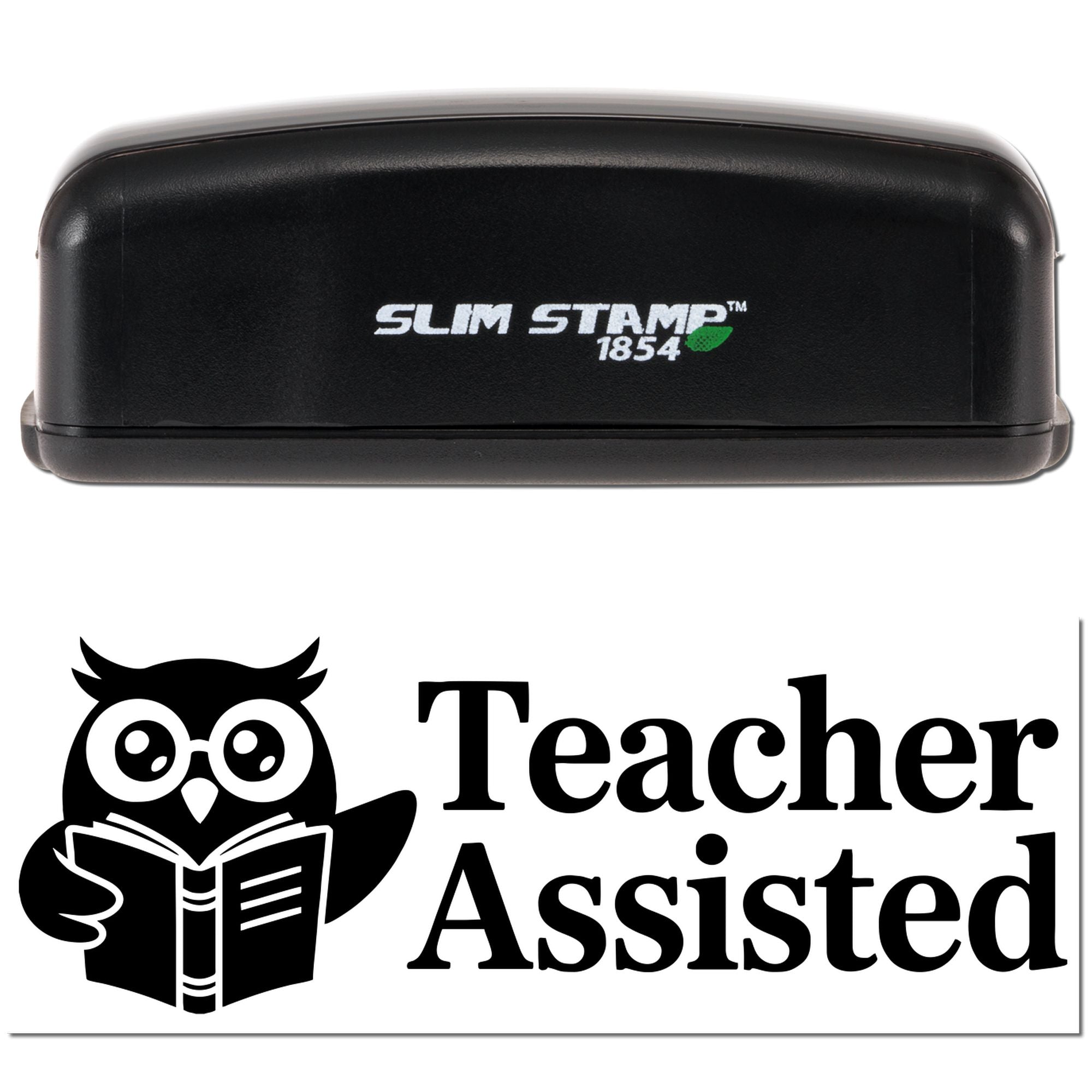 Teacher Assisted rubber stamp with owl reading book, Slim Stamp 1854 self-inking stamp for classroom use.