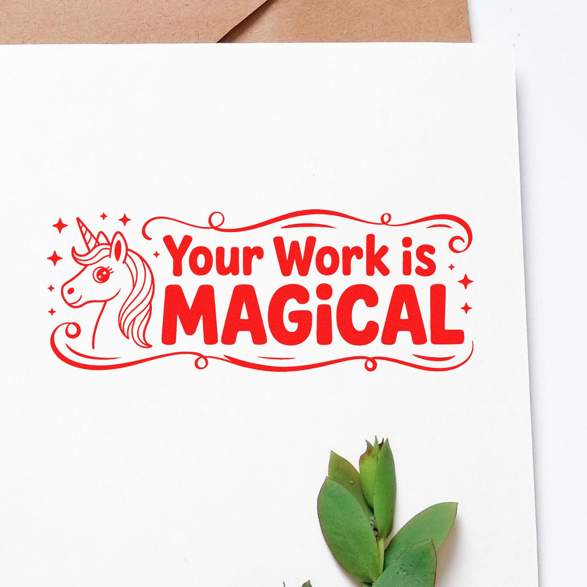 Custom unicorn rubber stamp with Your Work Is Magical message for cards, packaging, and craft projects.
