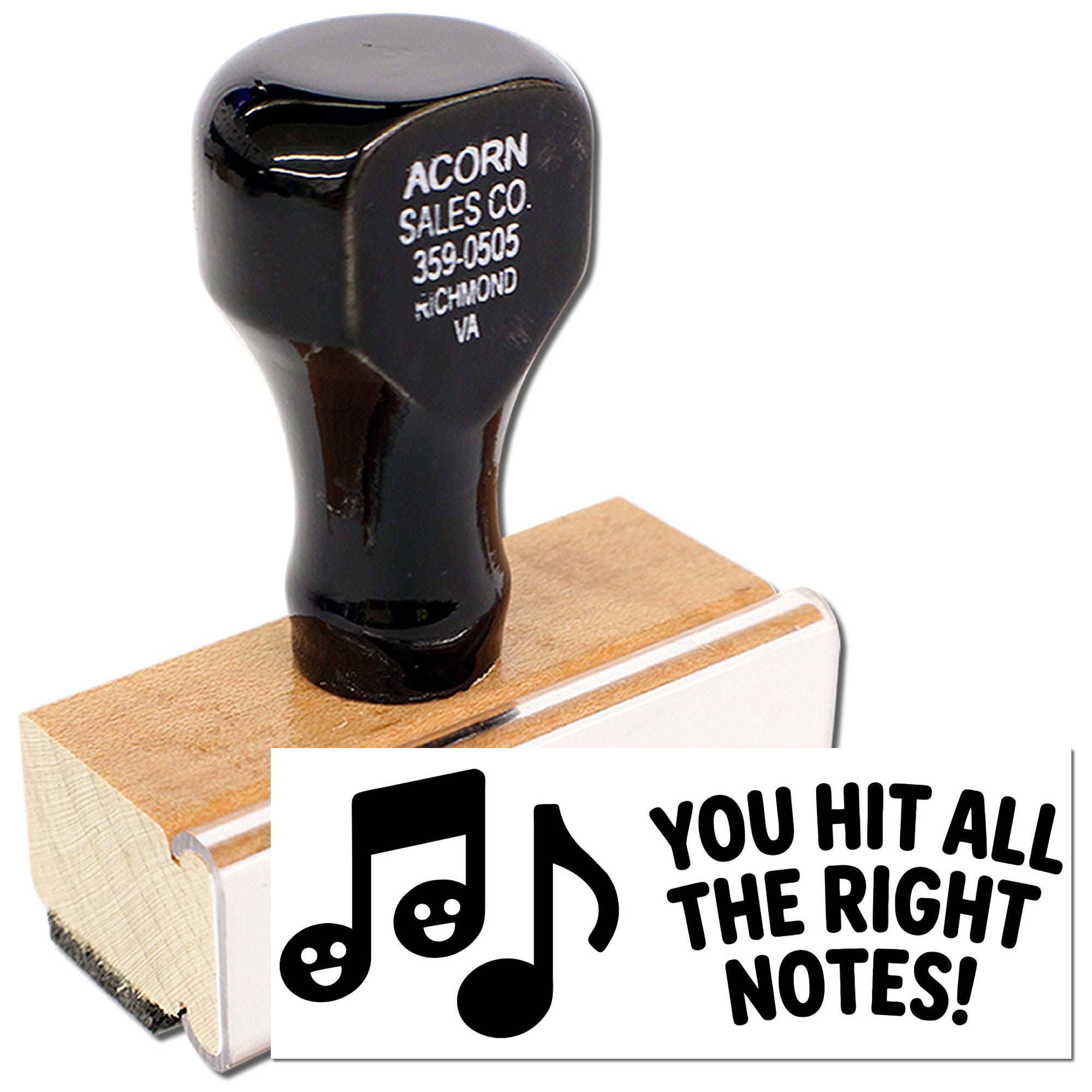 Music-themed rubber stamp reading You Hit All the Right Notes! for teachers, student awards, and office use.