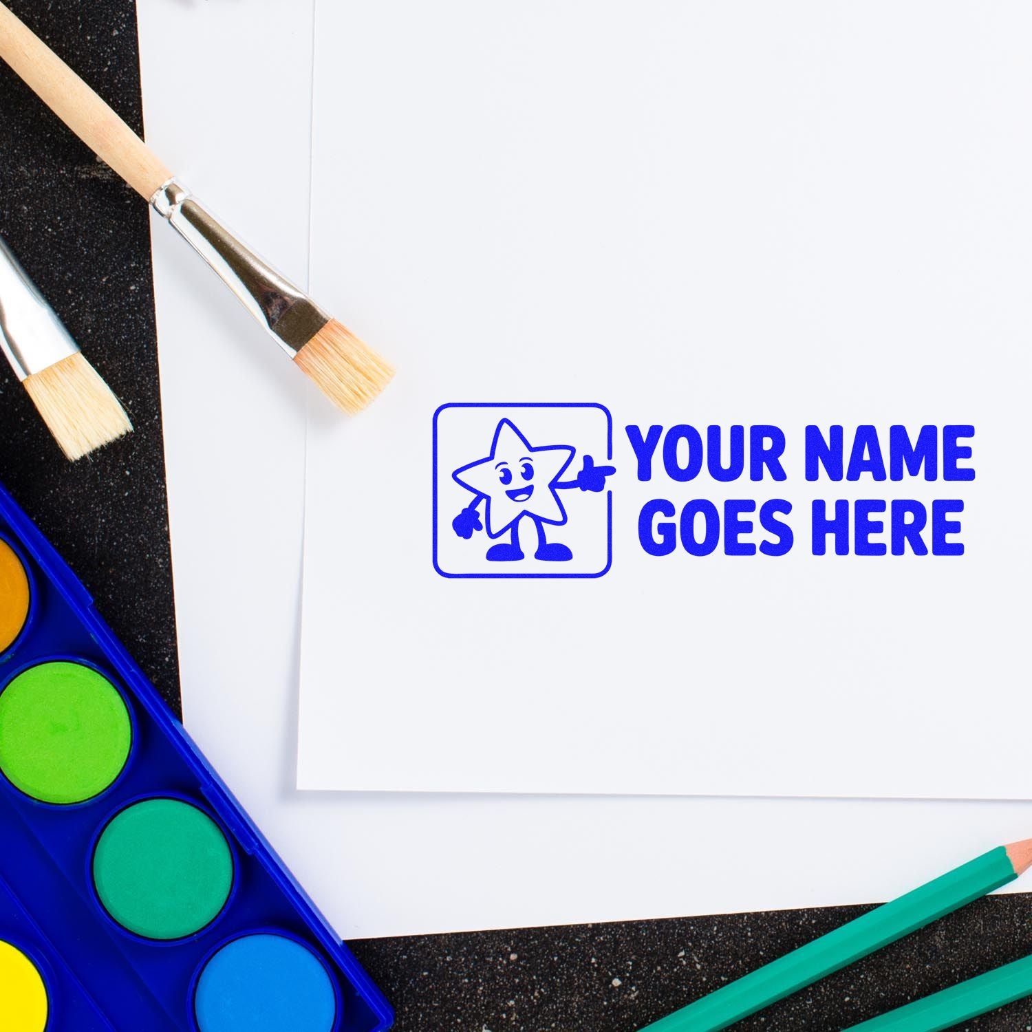 Custom rubber stamp with Your Name Goes Here design for personalized crafts, school supplies, and creative projects.