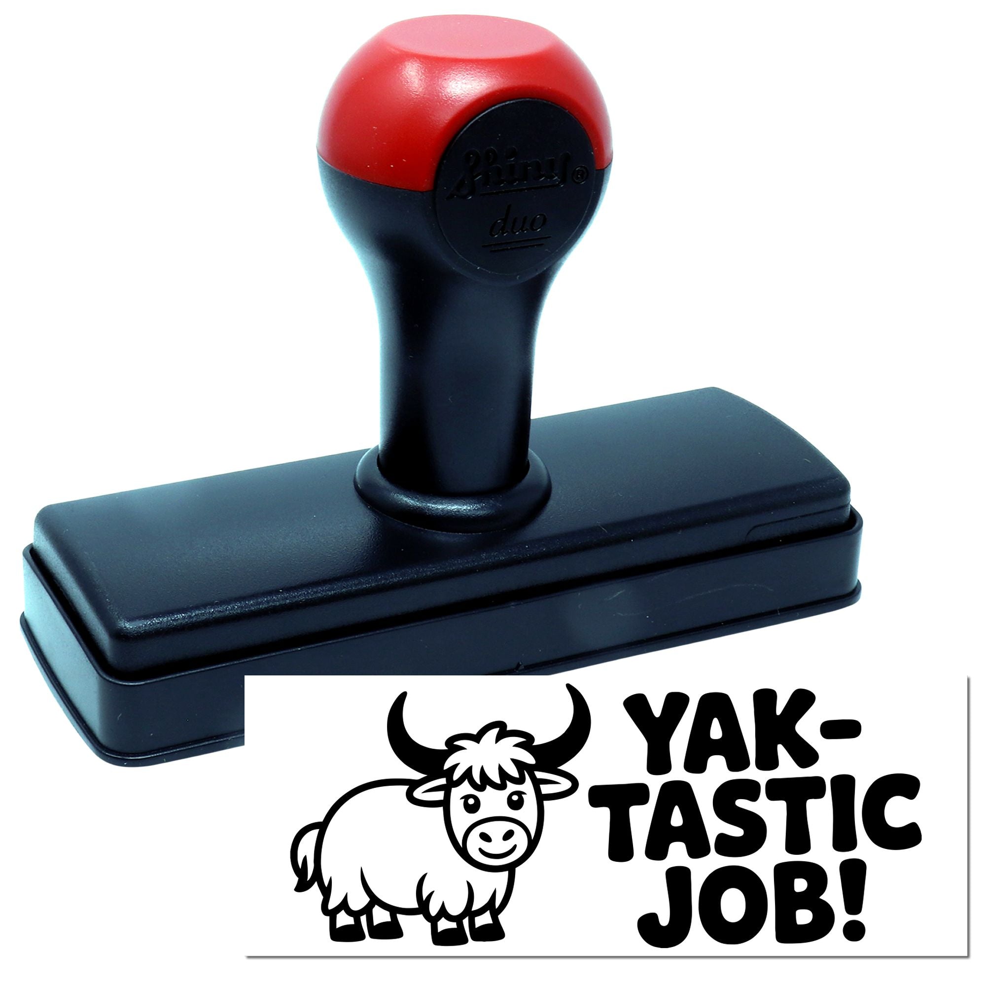 Self-inking rubber stamp with yak design and Yak-Tastic Job! text for teacher praise, rewards, and office use.
