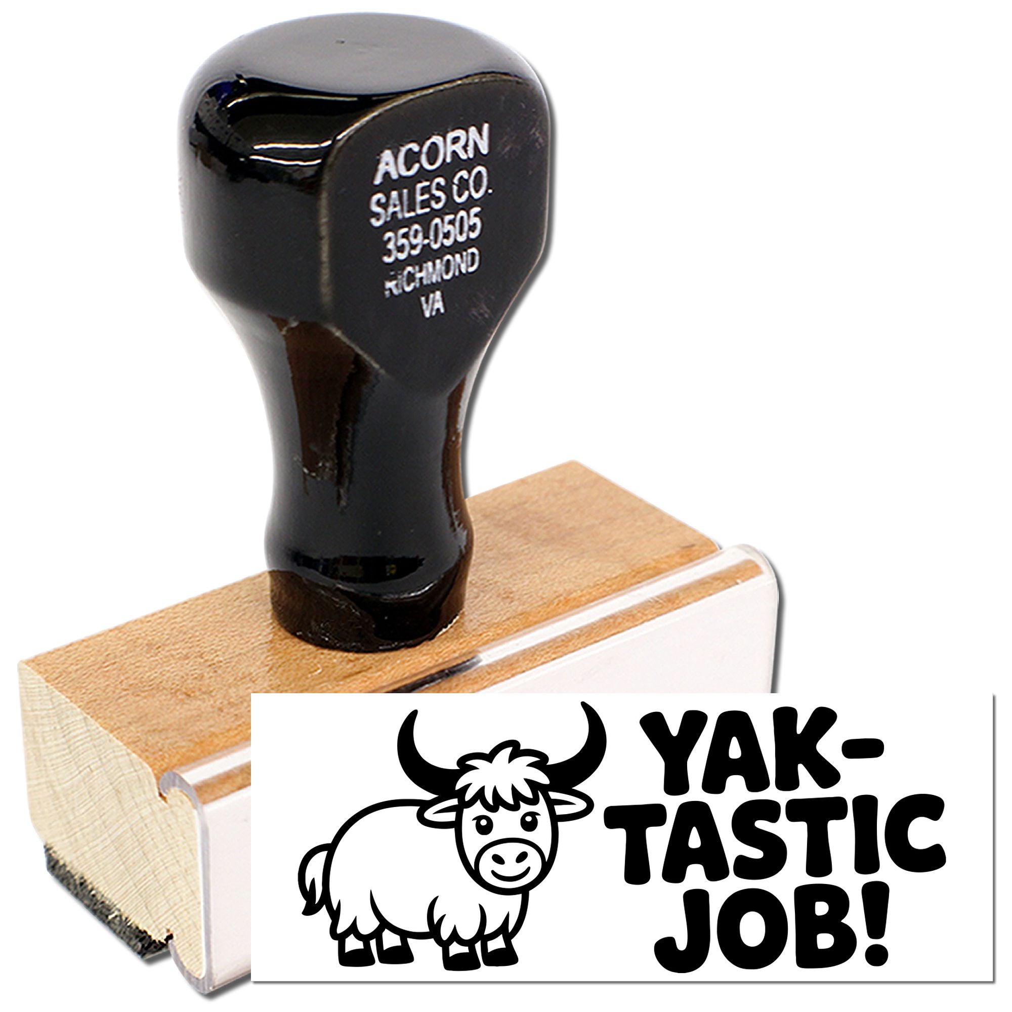 Custom rubber stamp with Yak-Tastic Job design and business address imprint for office, craft, and packaging use.