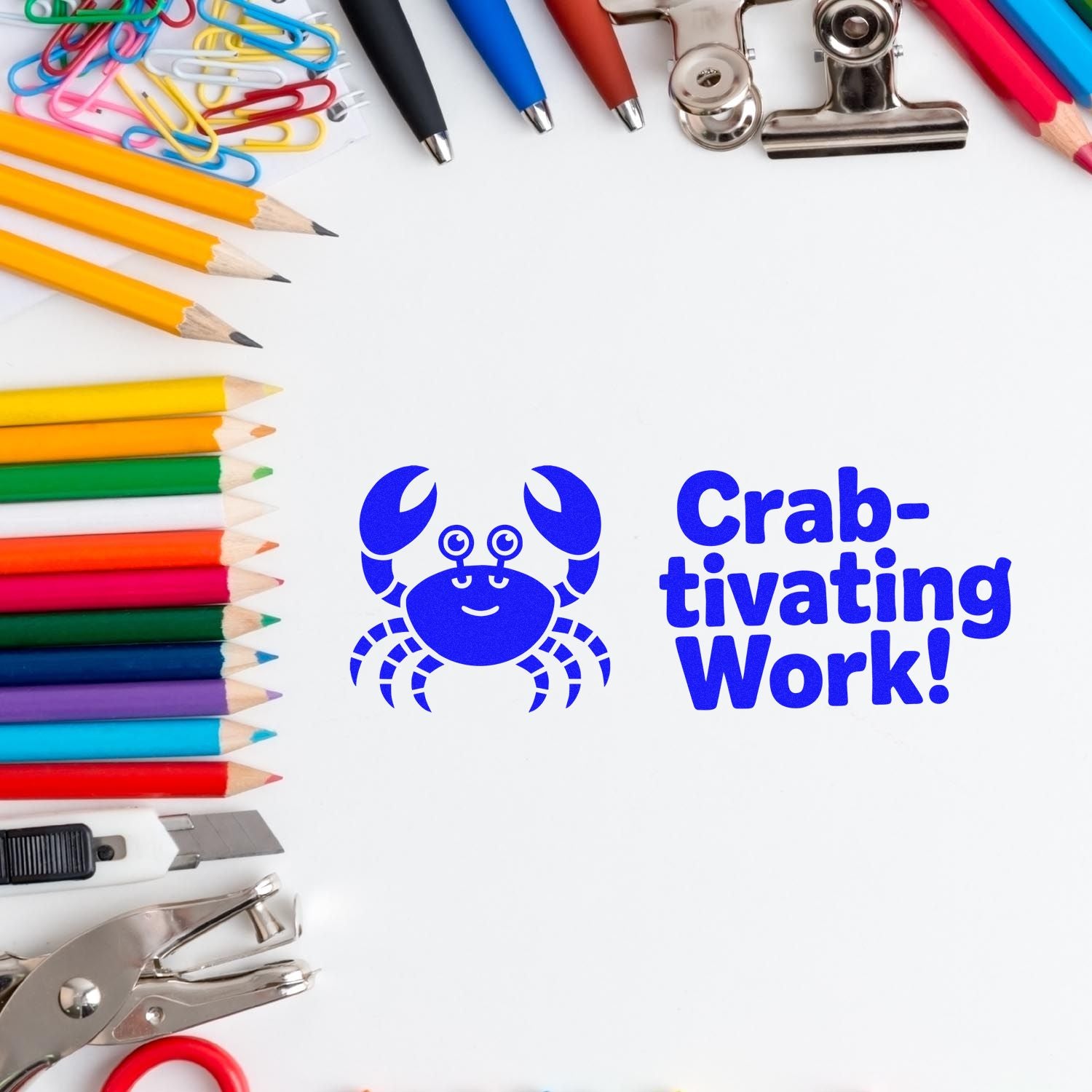 Blue crab rubber stamp design with Crab-tivating Work! message for student rewards, classroom use, and crafts.