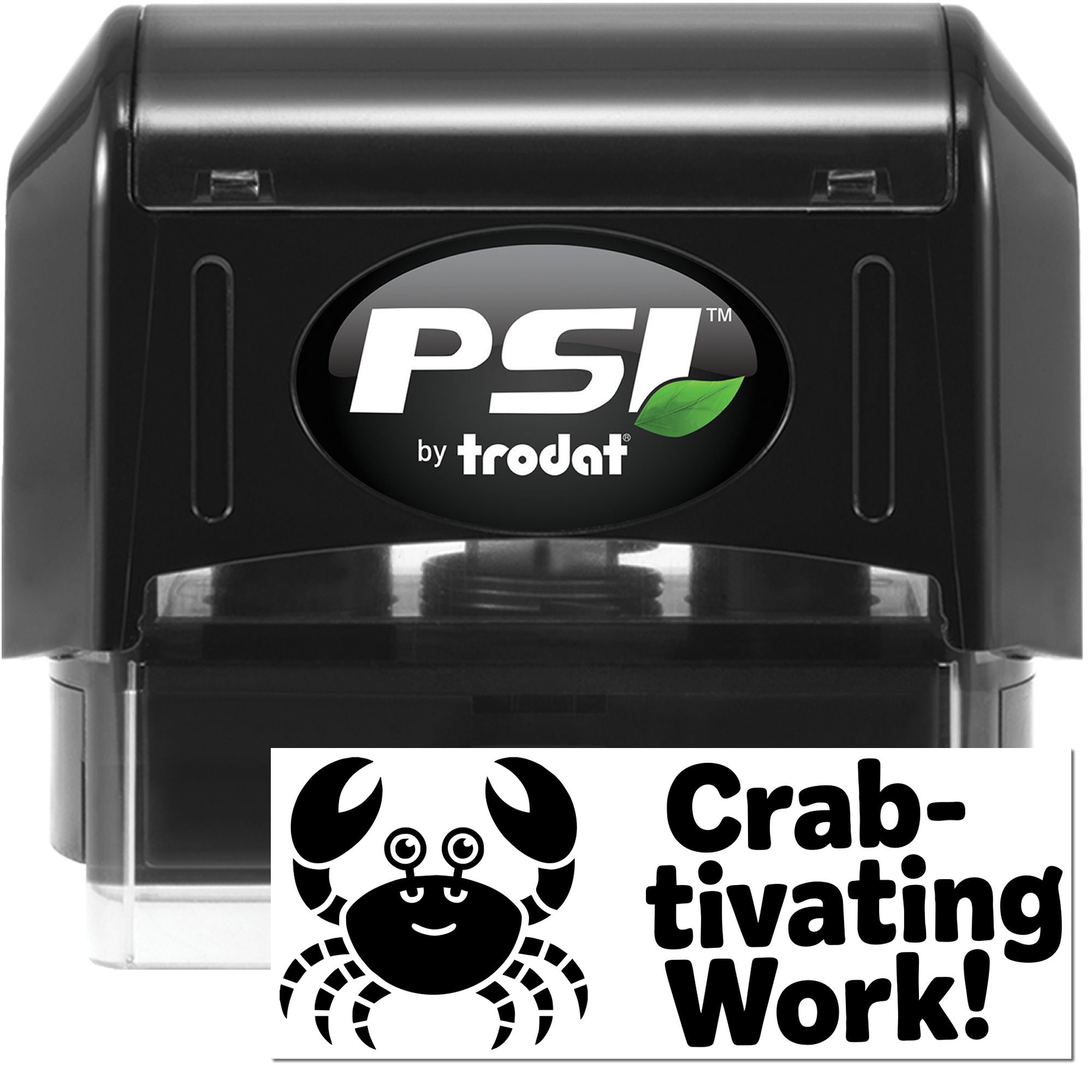 PSI by Trodat self-inking rubber stamp with crab design and custom Crab-tivating Work! imprint for office use