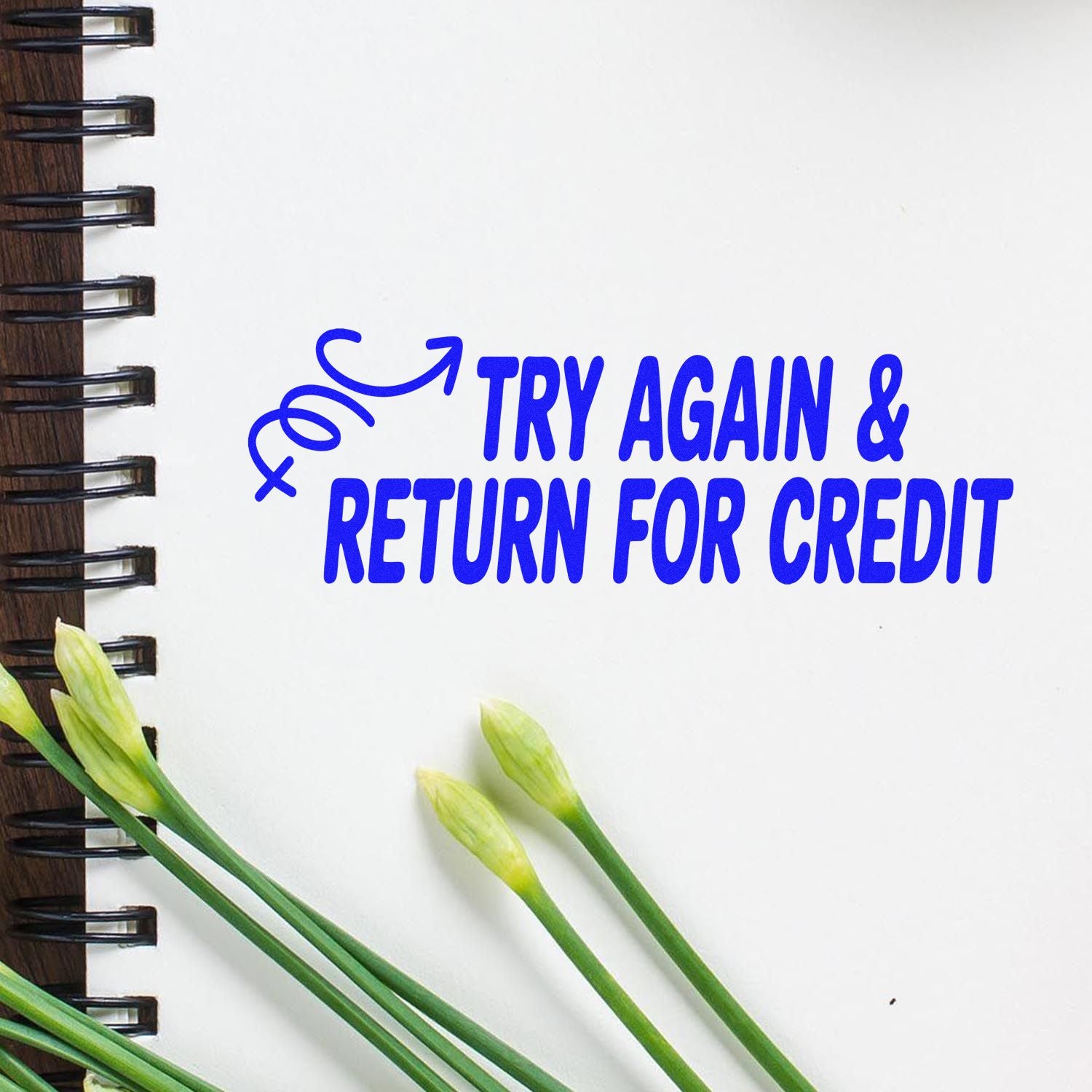 Try Again & Return for Credit rubber stamp design on notebook page for office, school, or grading feedback.