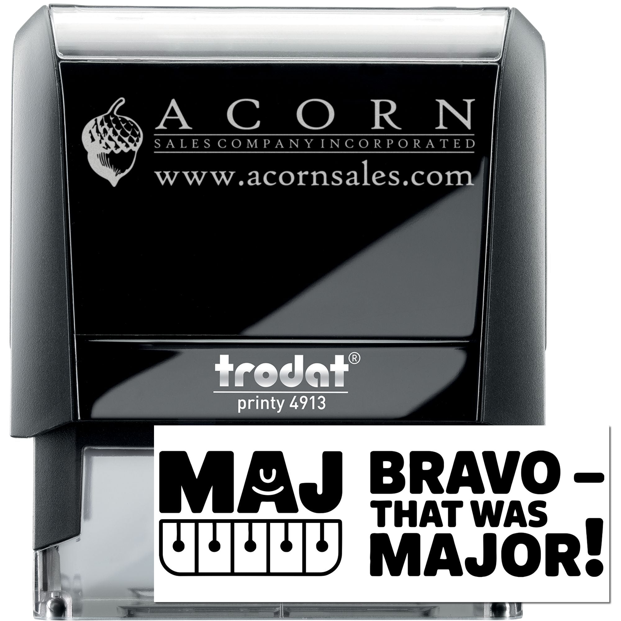 Custom self-inking rubber stamp with Acorn Sales logo and website on Trodat Printy 4913, ideal for branded business stamping.