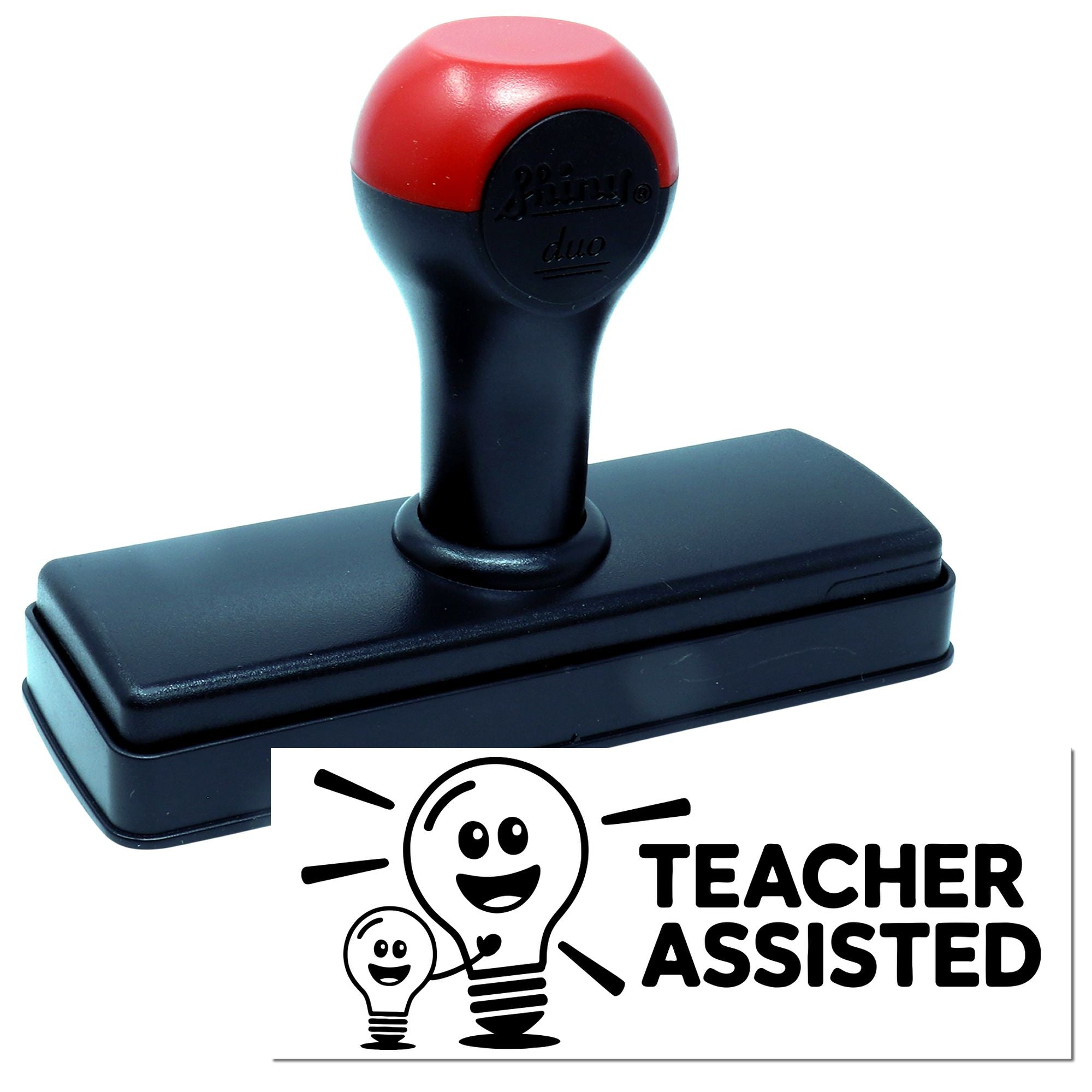Self-inking rubber stamp with Teacher Assisted lightbulb design for classroom feedback and education.