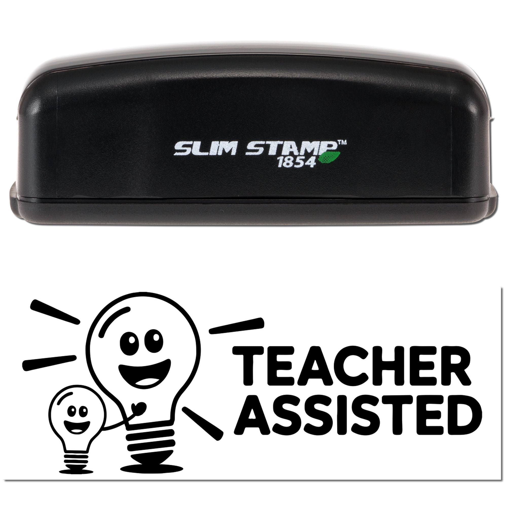 Slim Stamp 1854 teacher assisted custom rubber stamp for classroom feedback, featuring a smiley lightbulb design.