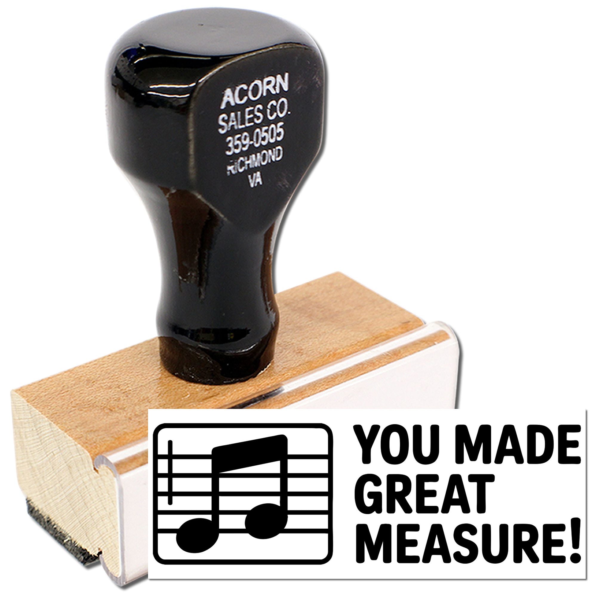 Custom rubber stamp with music note design and You Made Great Measure! text for music teachers, awards, and classroom use.
