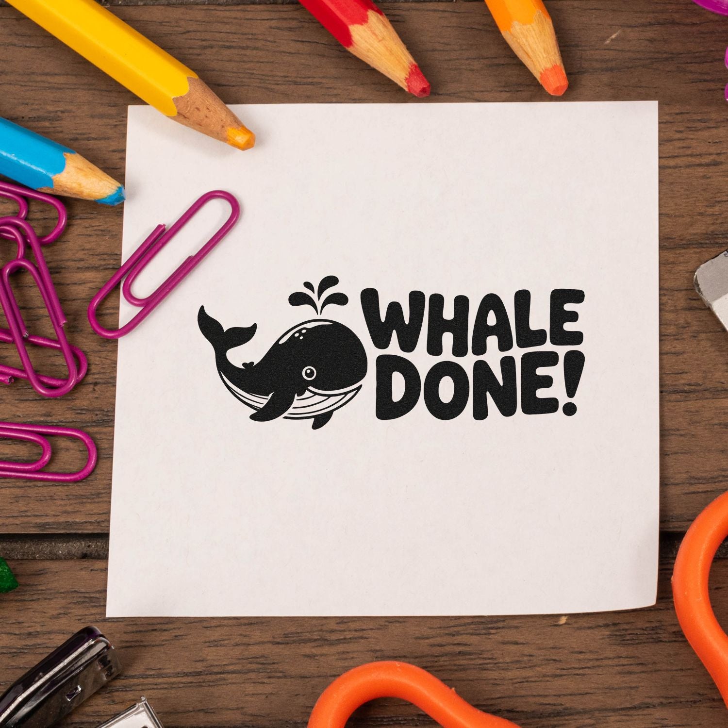 Whale Done! rubber stamp with whale graphic, perfect for rewarding schoolwork, crafts, and office projects.