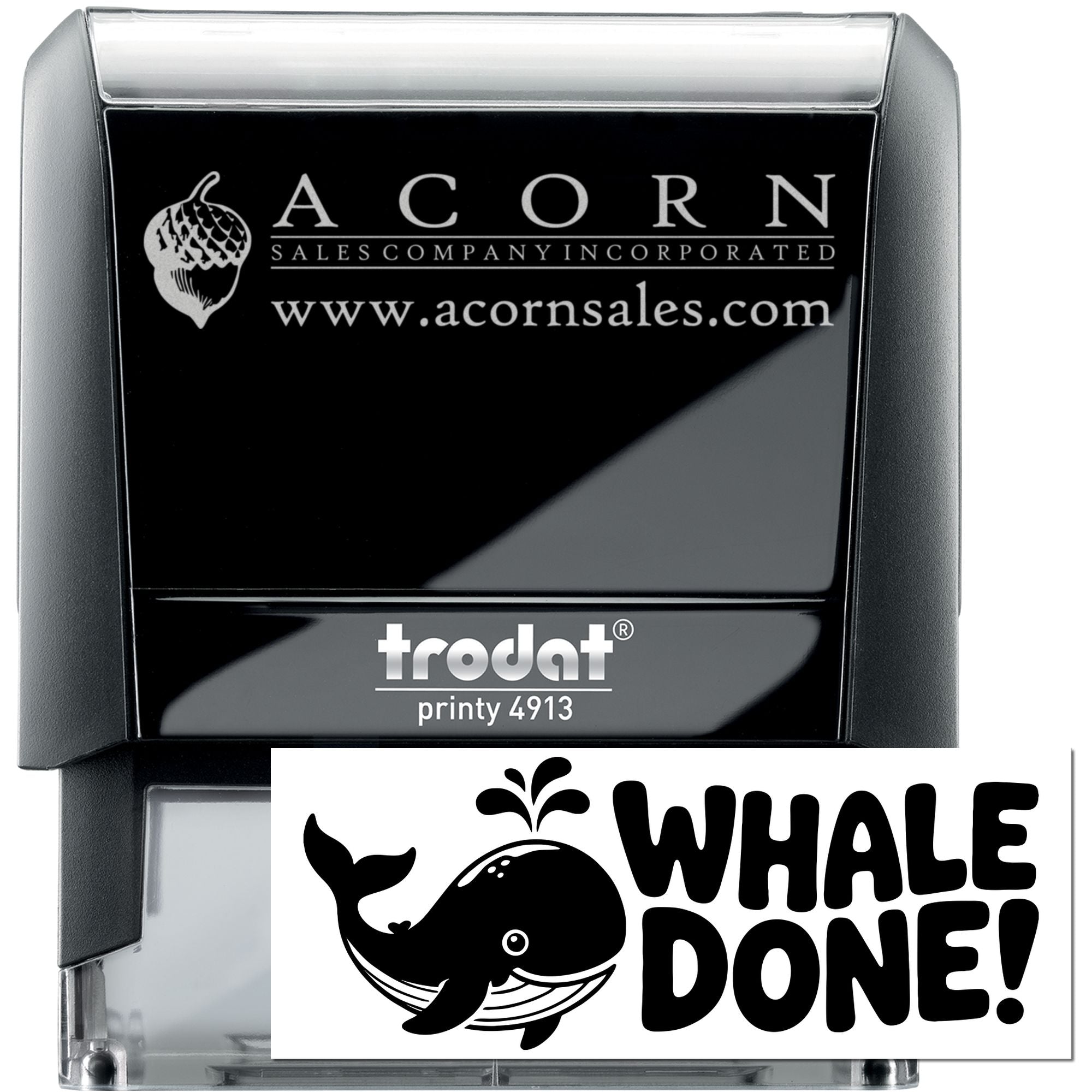 Custom self-inking rubber stamp with Acorn Sales logo and Whale Done whale design for branded business stamping.