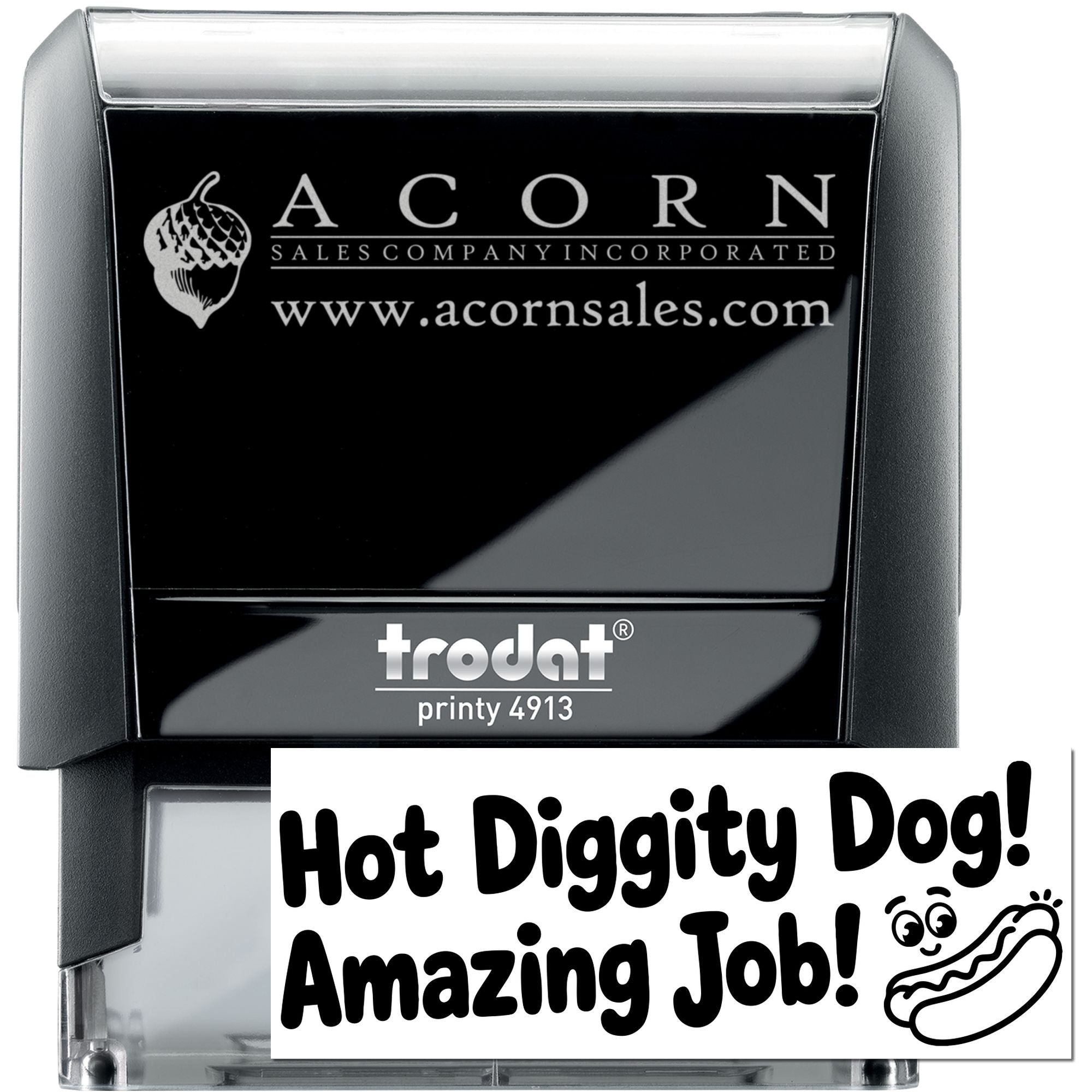 Custom self-inking rubber stamp examples featuring a business logo stamp and a Hot Diggity Dog! Amazing Job! design.