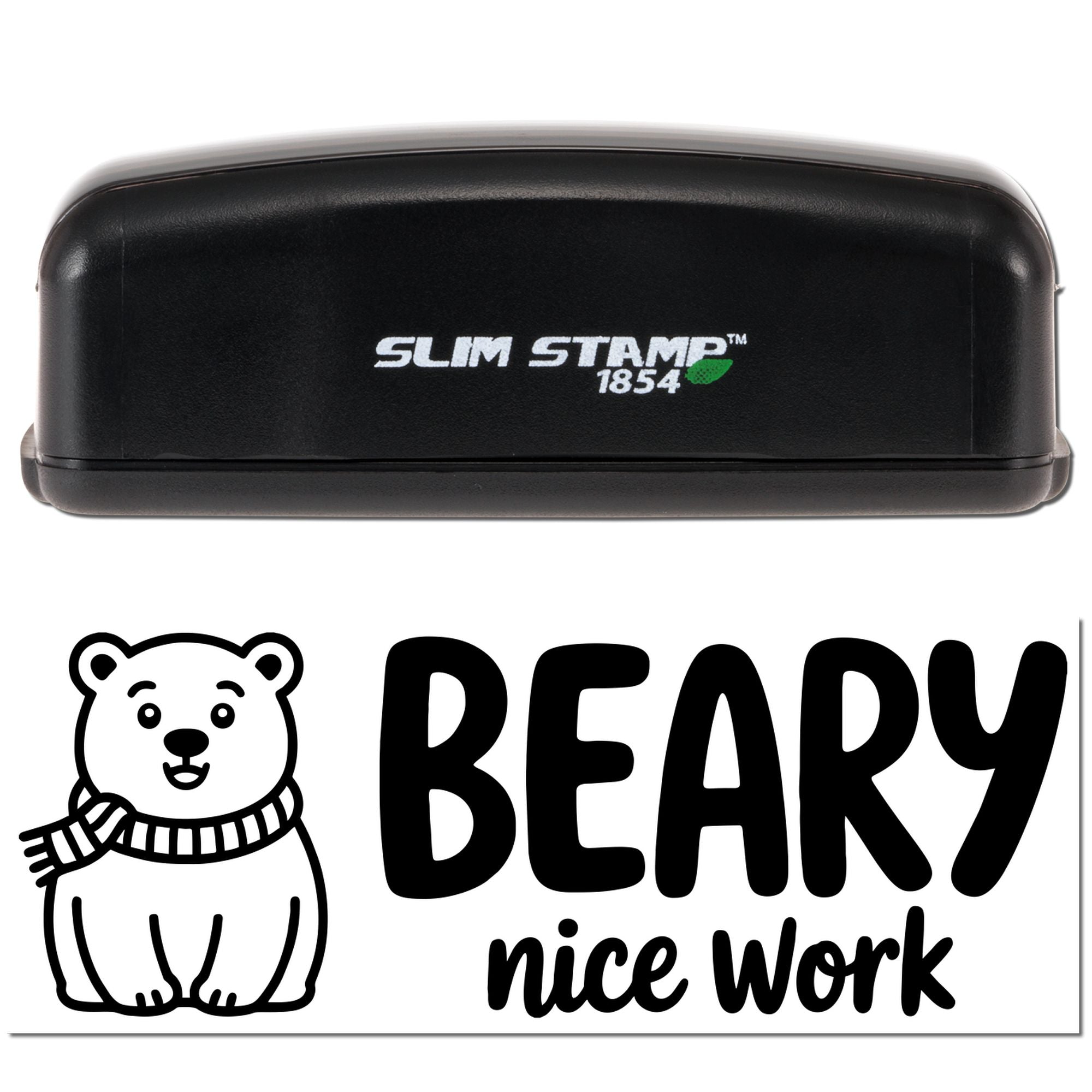 Slim Stamp 1854 self-inking rubber stamp with bear design and BEARY nice work message for teacher rewards.