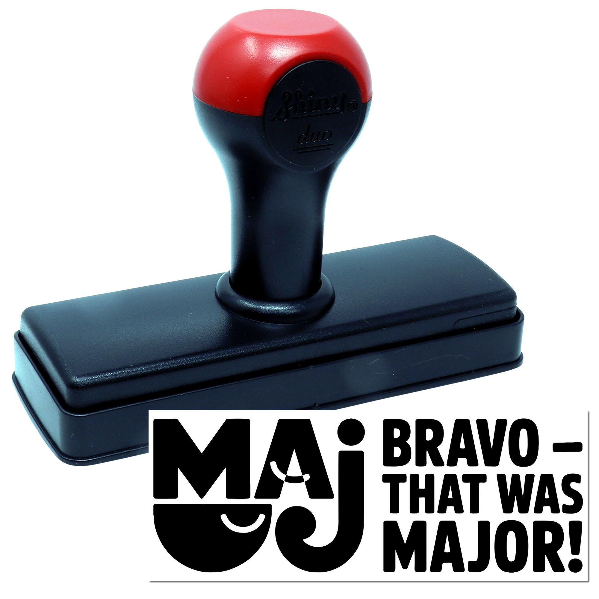 Self-inking rubber stamp with bold BravoThat Was Major! message for teachers, offices, and grading praise.