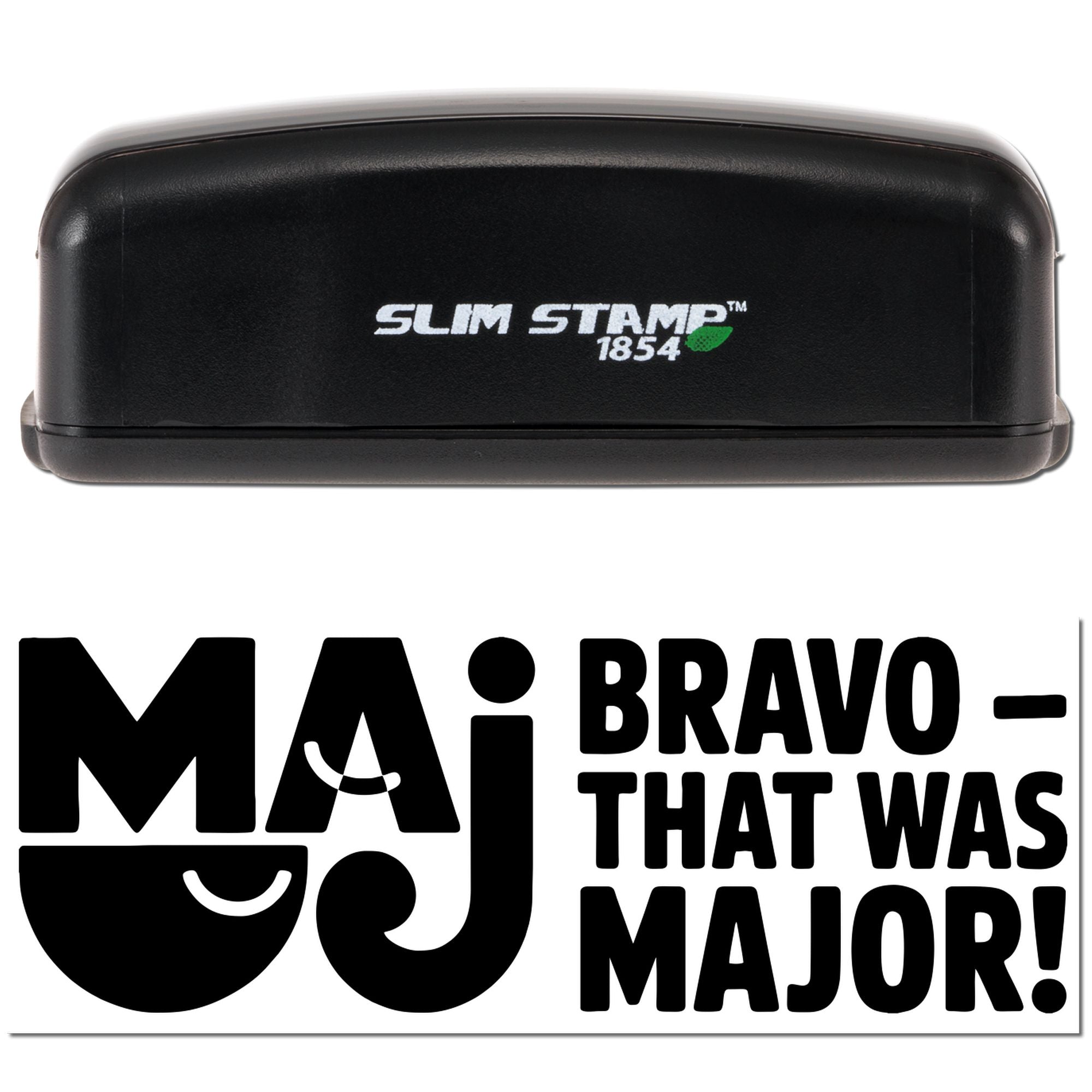 Custom self-inking rubber stamp showing sample imprint for business branding and personalized logo stamping.