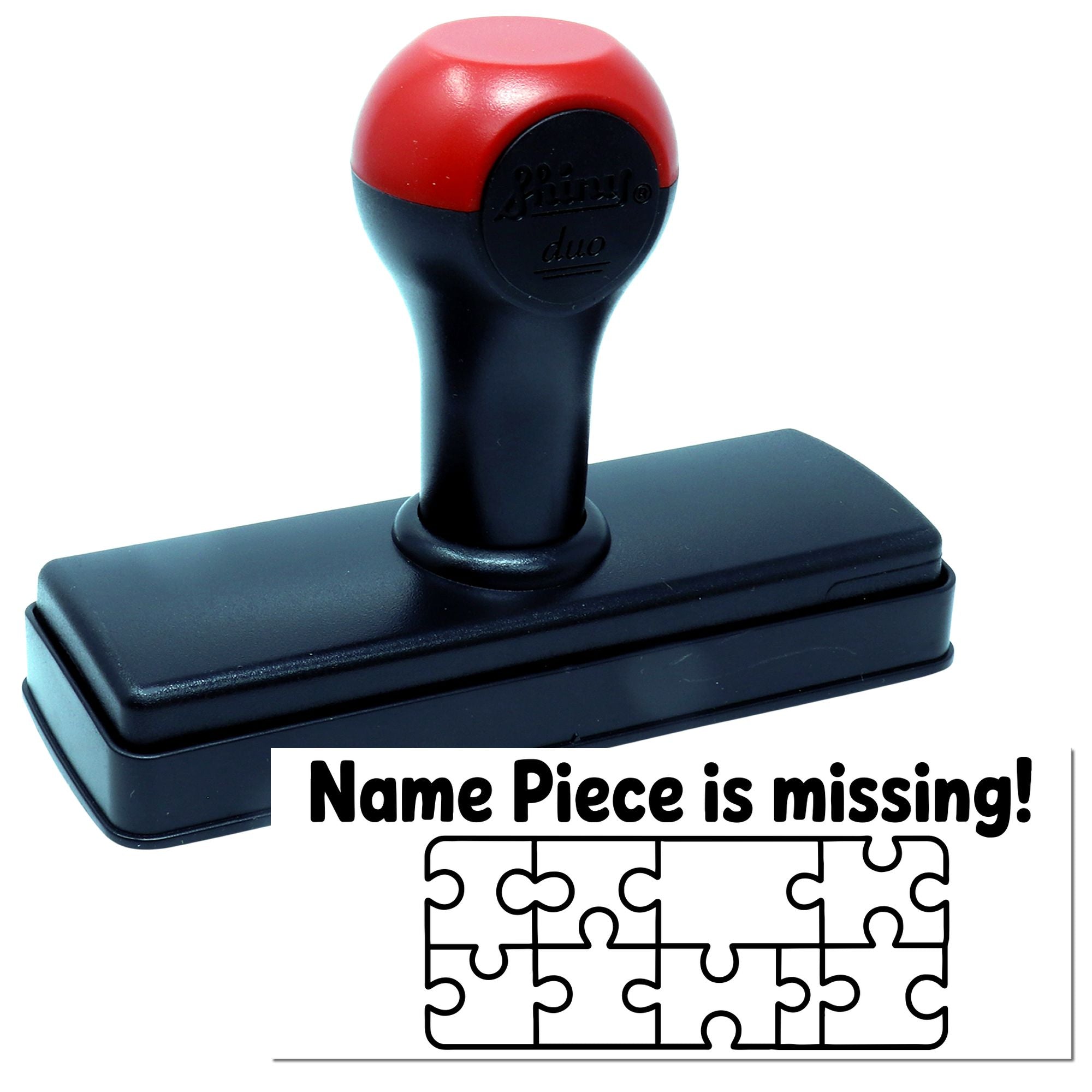 Self-inking rubber stamp for puzzle pieces, printing Name Piece is missing! warning message.