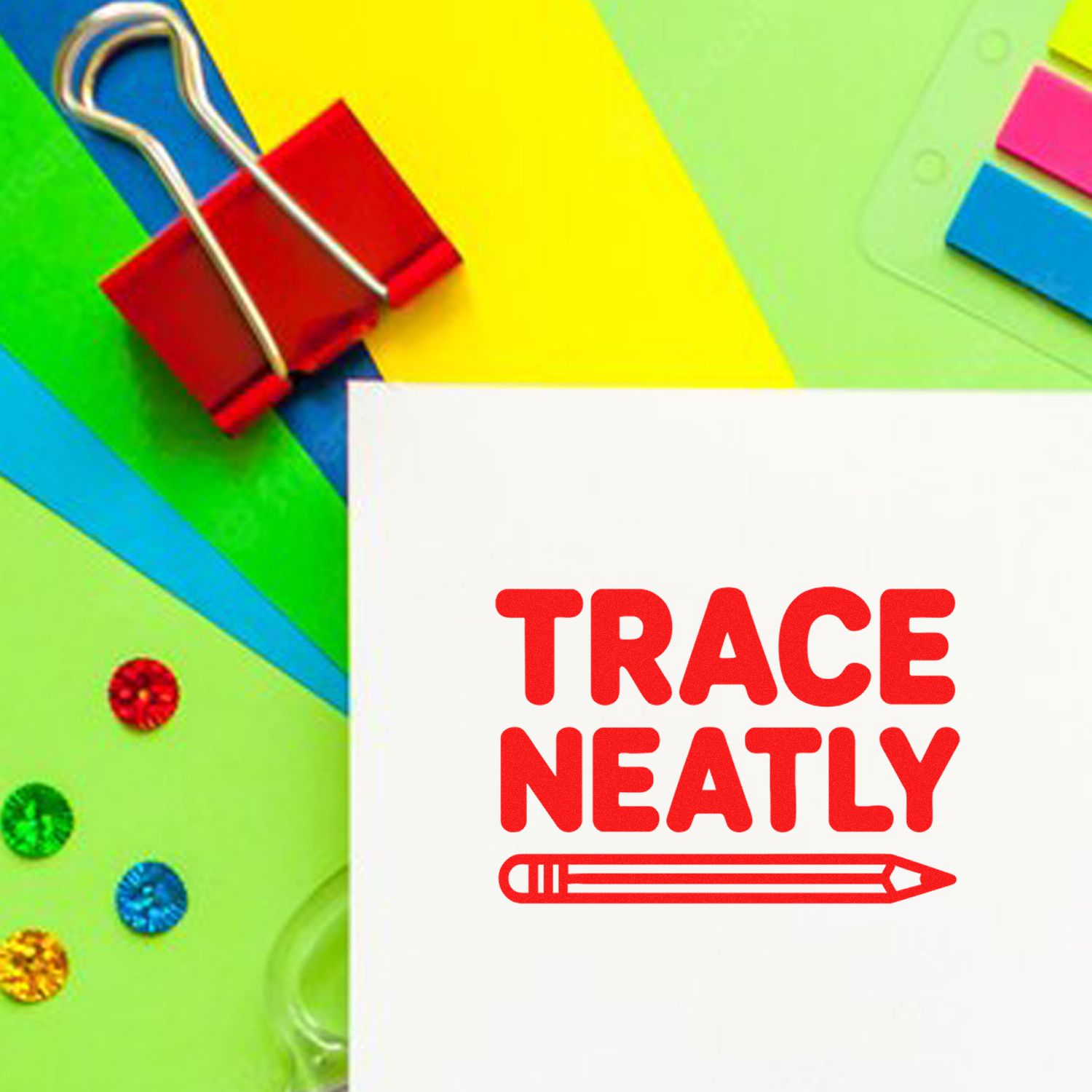 Trace Neatly rubber stamp for classroom handwriting practice, art projects, and craft labeling on colorful stationery.