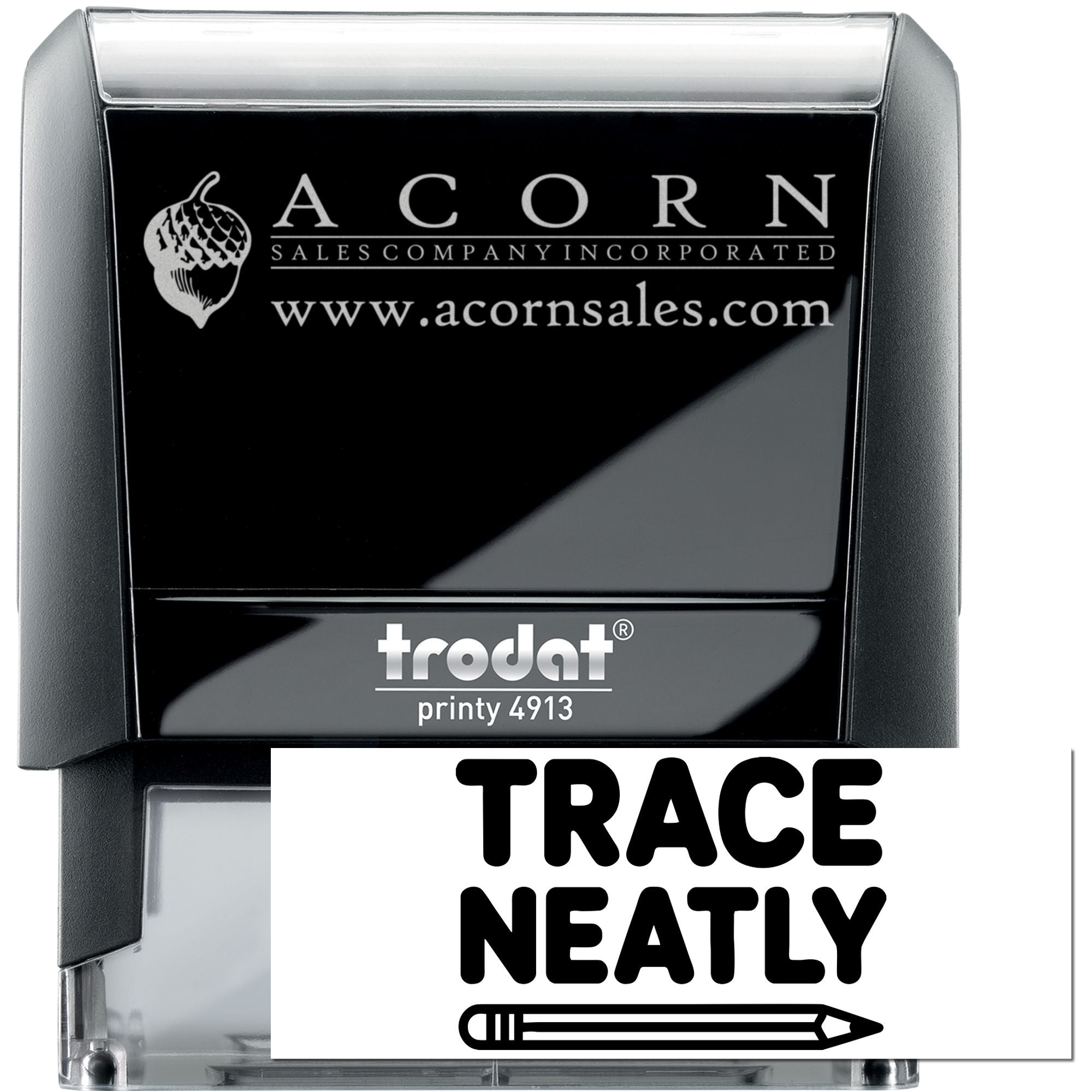 Custom self-inking rubber stamp Trodat Printy 4913 for Acorn Sales Company, with logo, website and Trace Neatly imprint.