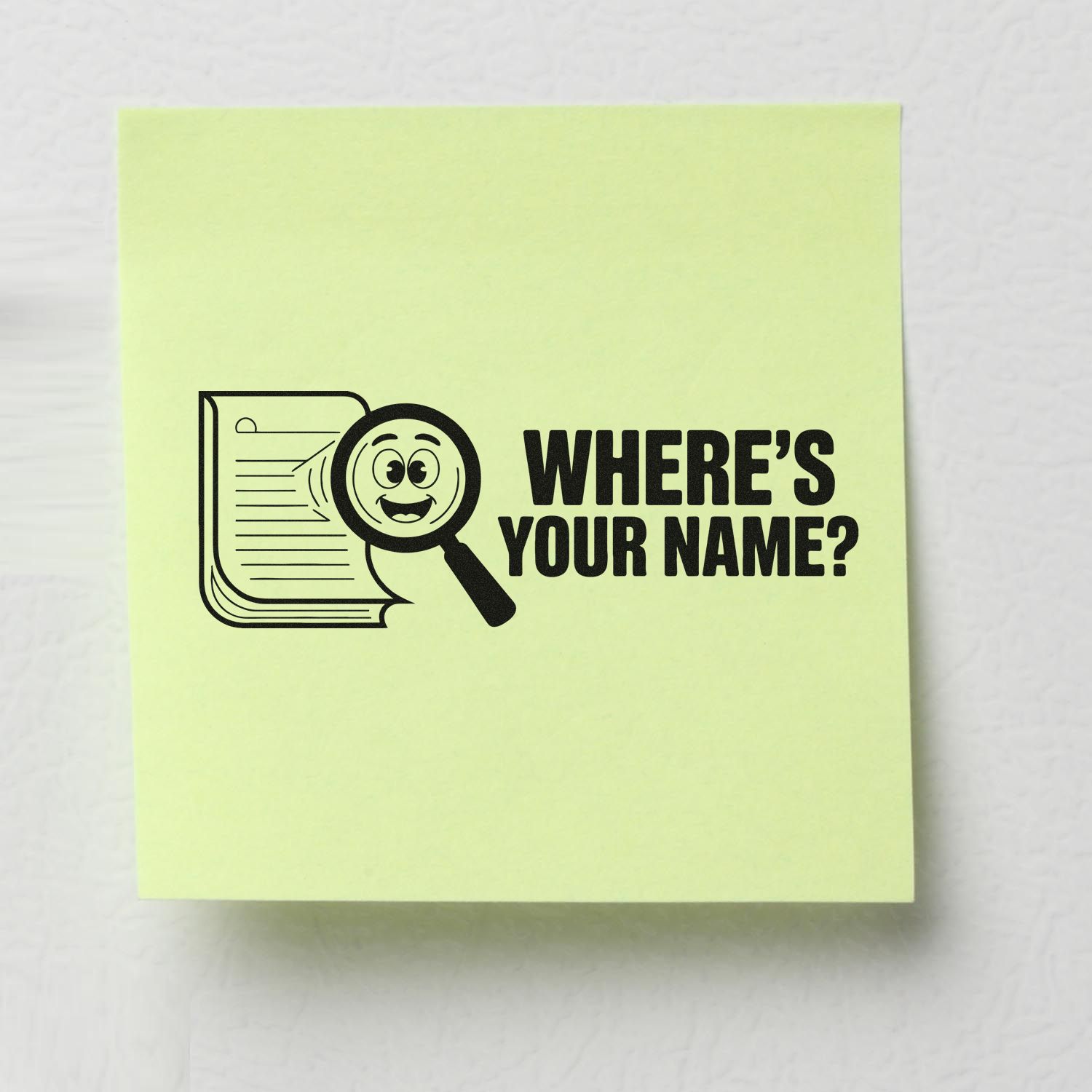 Custom rubber stamp design with magnifying glass and paper icon reading Wheres Your Name? for school supplies.