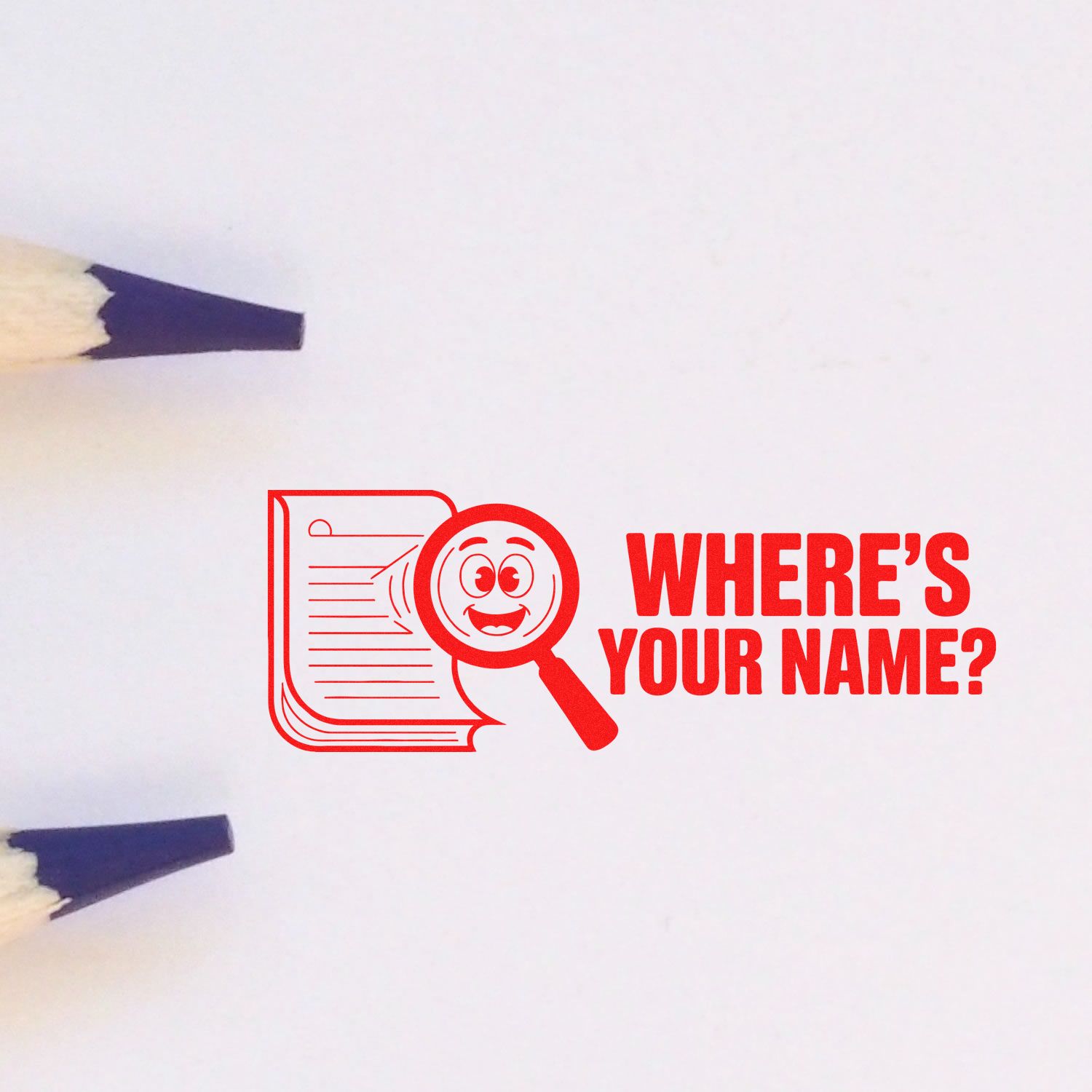 Custom rubber stamp design with Wheres Your Name? text and magnifying glass icon for branding or office use.