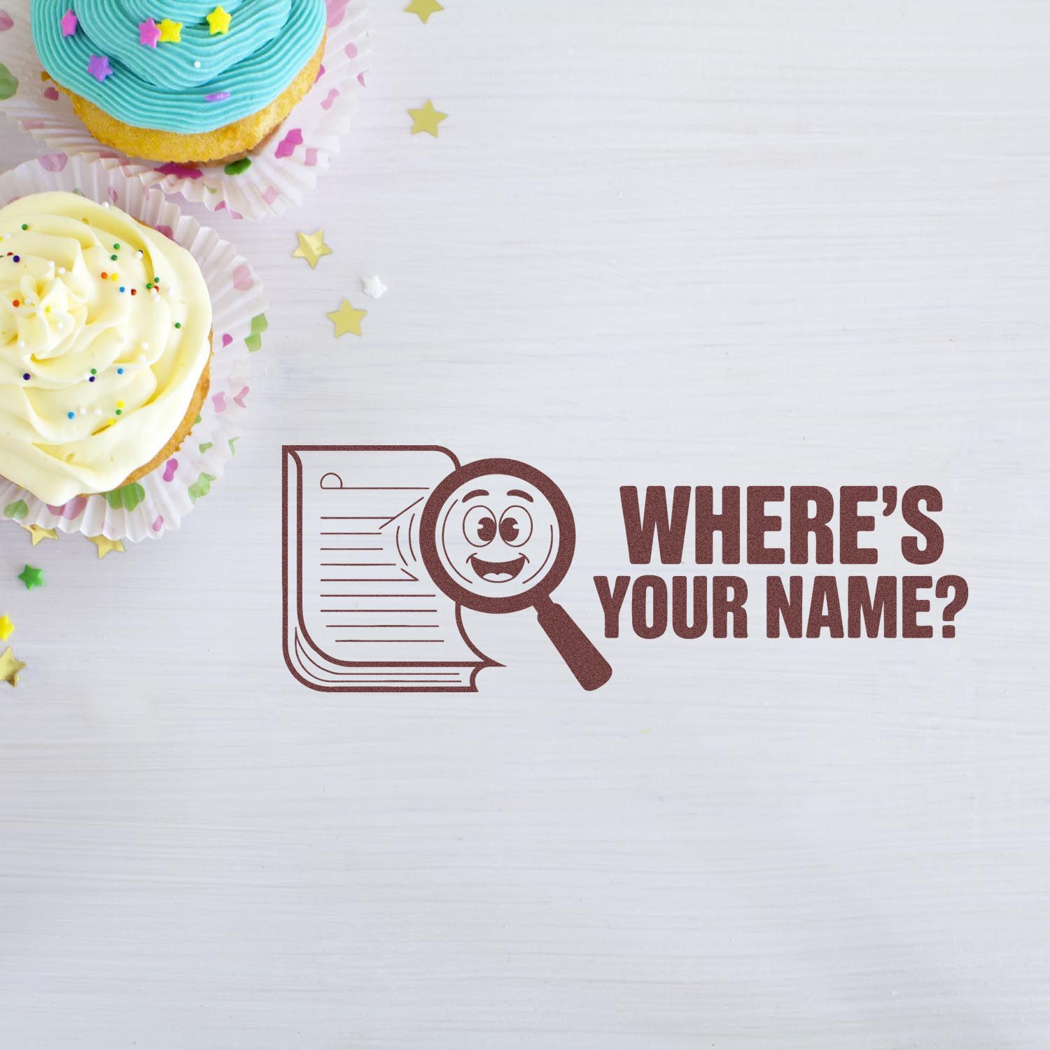 Wheres Your Name? custom rubber stamp design with magnifying glass icon, ideal for personalized name stamps and labeling.