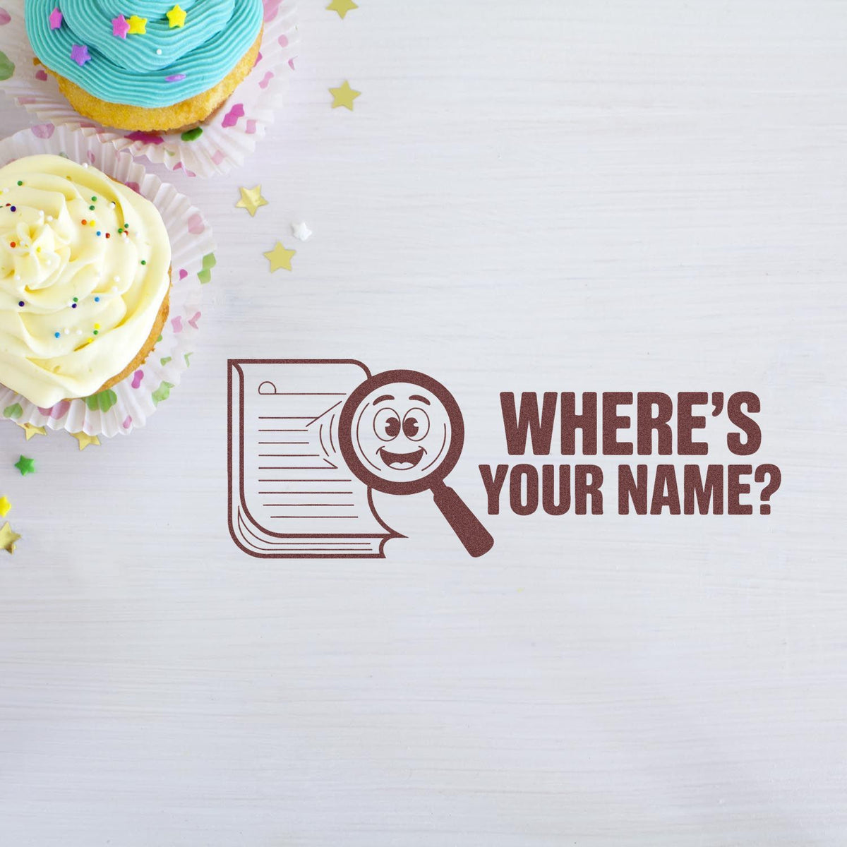 Wheres Your Name? custom rubber stamp design with magnifying glass icon, ideal for personalized branding and craft projects.