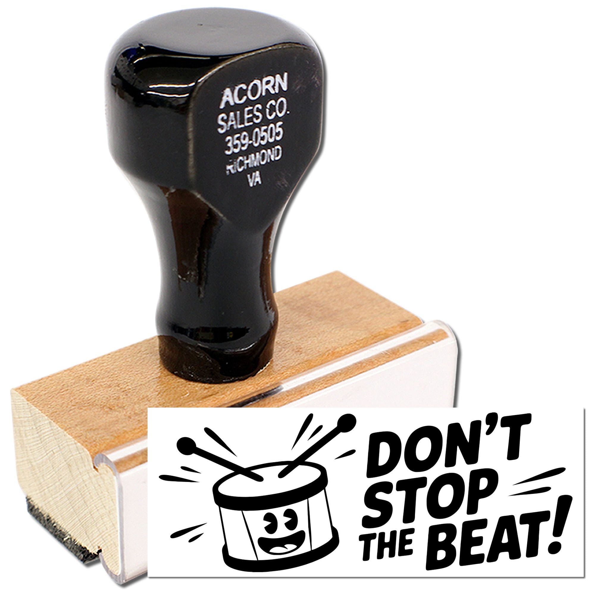 Custom rubber stamp with Dont Stop the Beat drummer design for music events, scrapbooking, and craft projects.