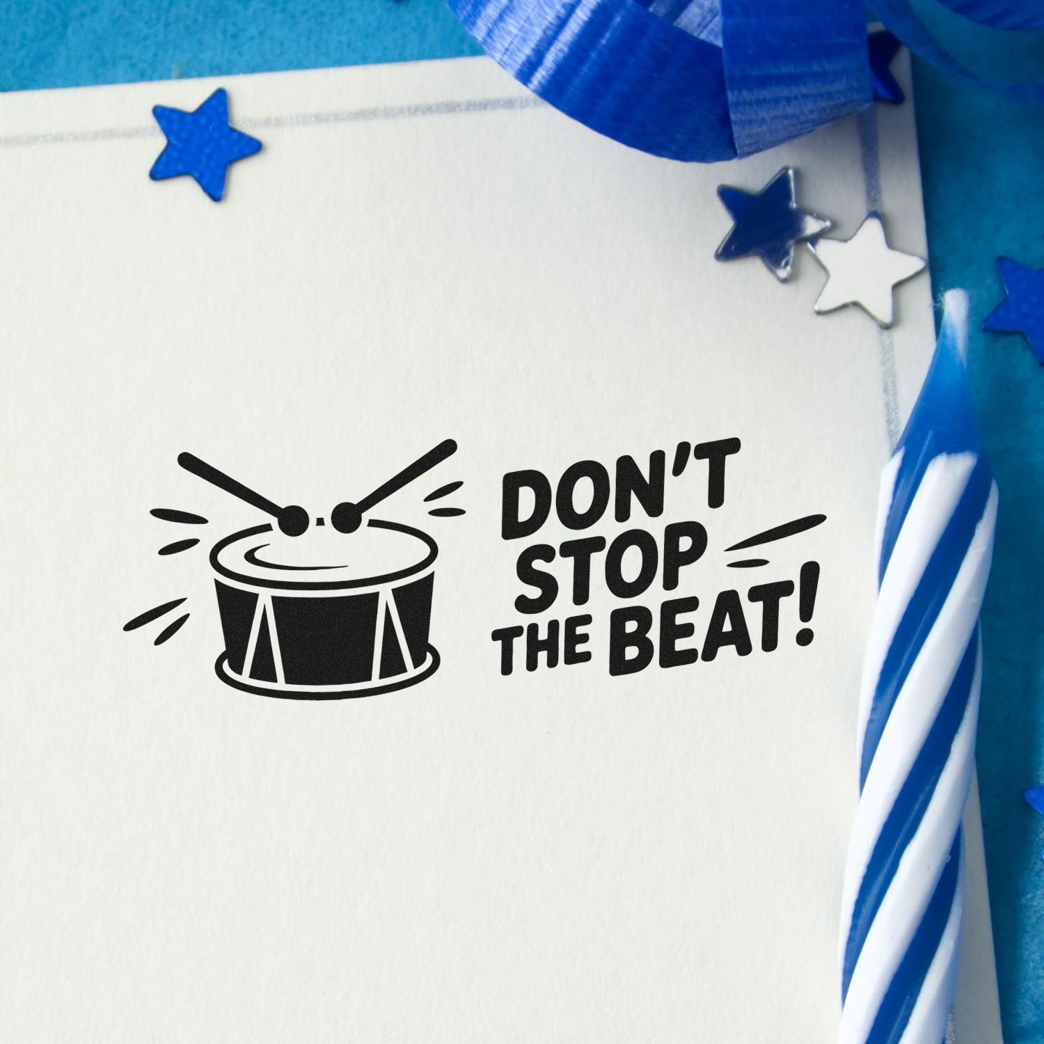 Drum-themed rubber stamp design with Dont Stop the Beat! text, perfect for music, band, and celebration projects.
