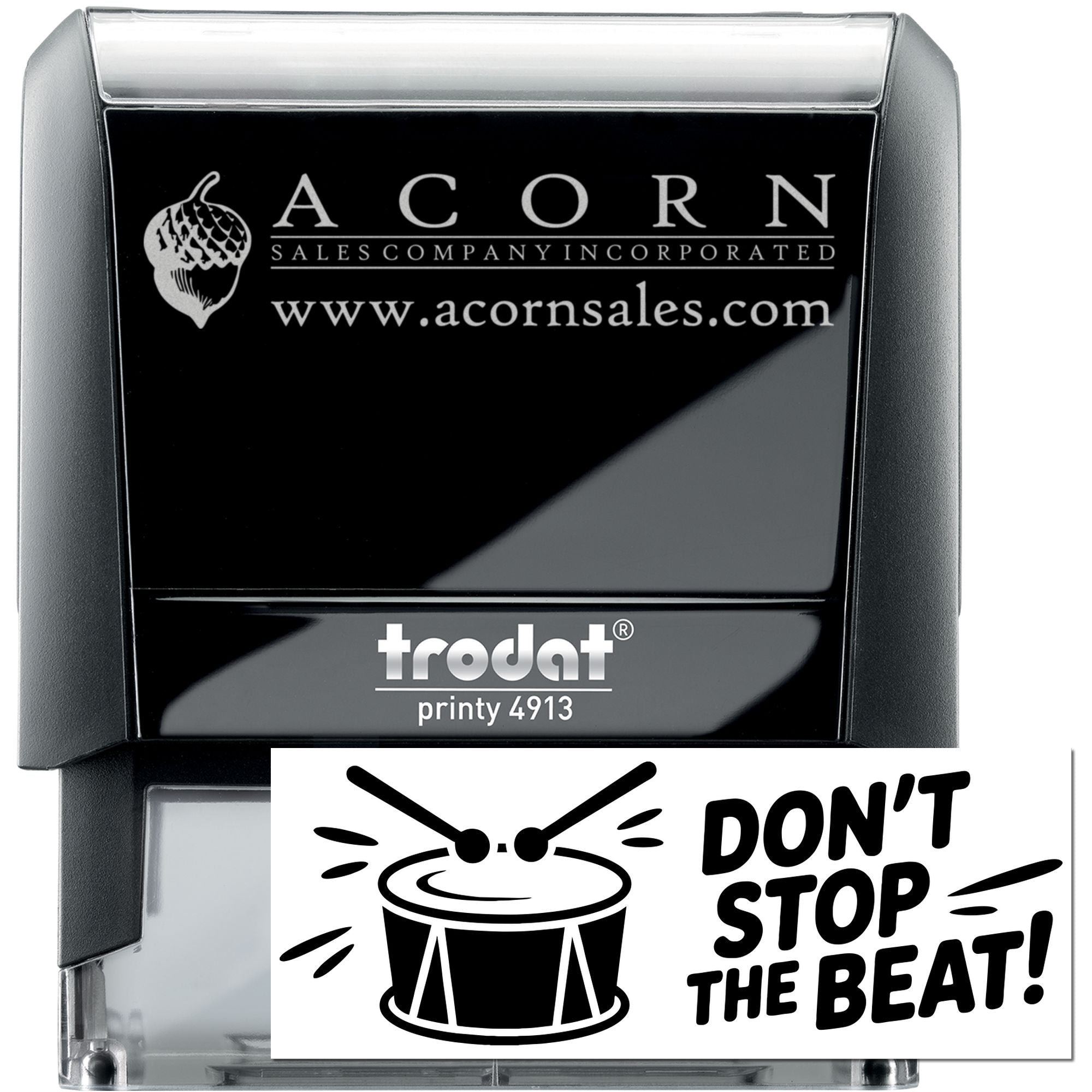 Custom self-inking rubber stamp for Acorn Sales Company, featuring logo and a Dont Stop the Beat! music-themed imprint.