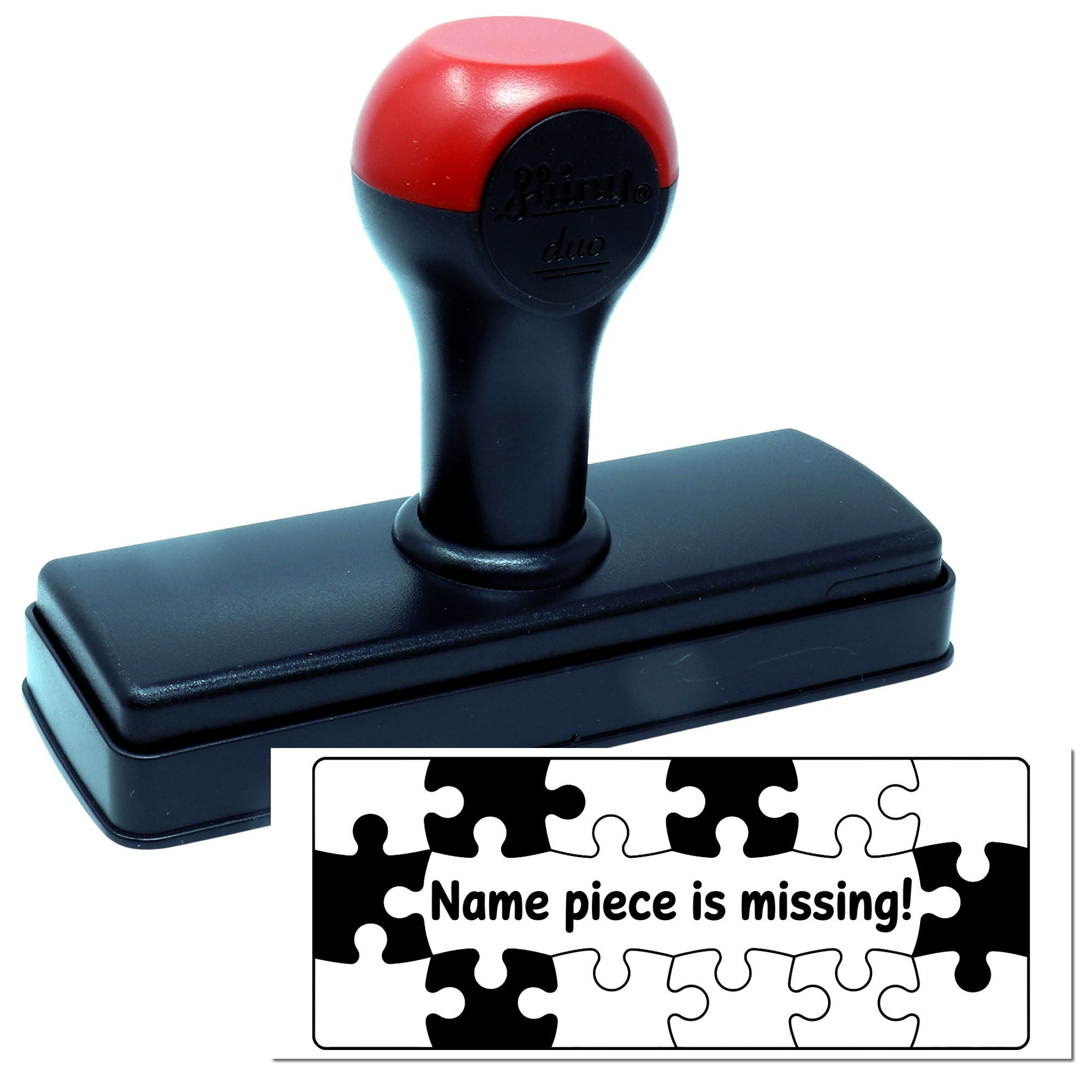 Rubber stamp with Name piece is missing! puzzle message for classroom labels, office organization, and inventory checks.