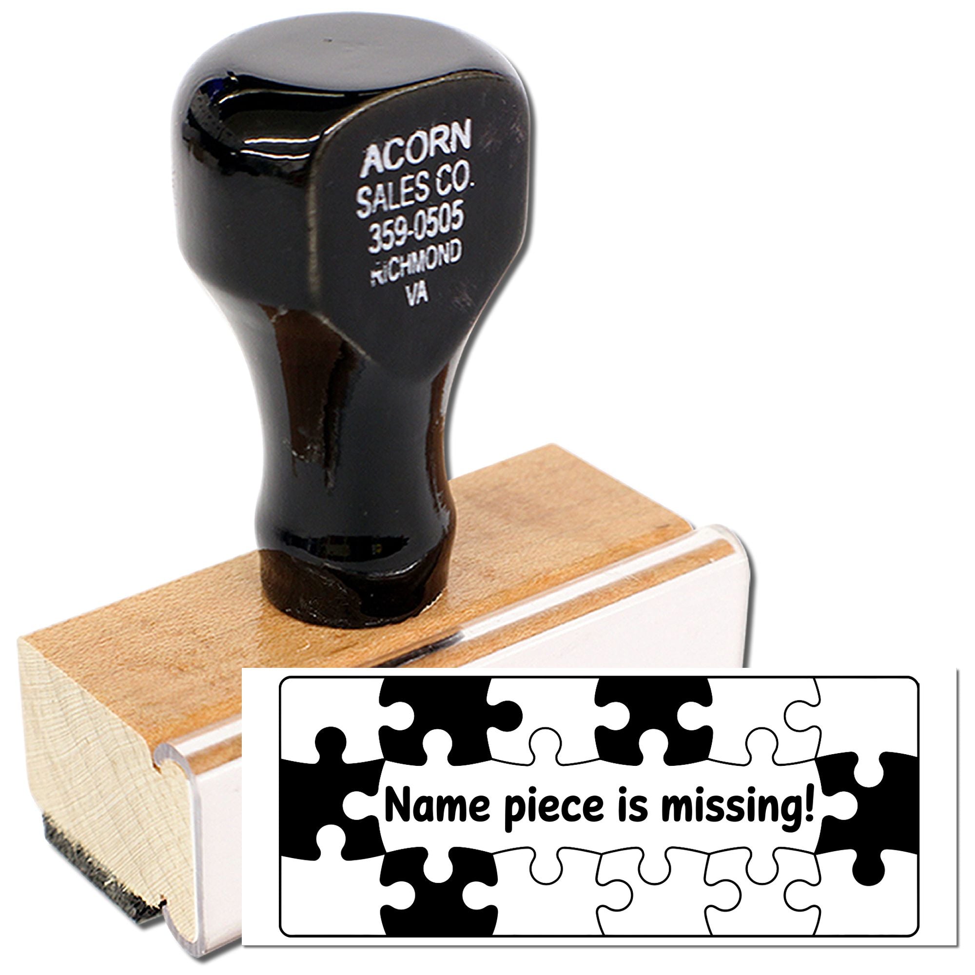 Custom wooden rubber stamp with business address imprint, shown beside a puzzle graphic reading Name piece is missing!