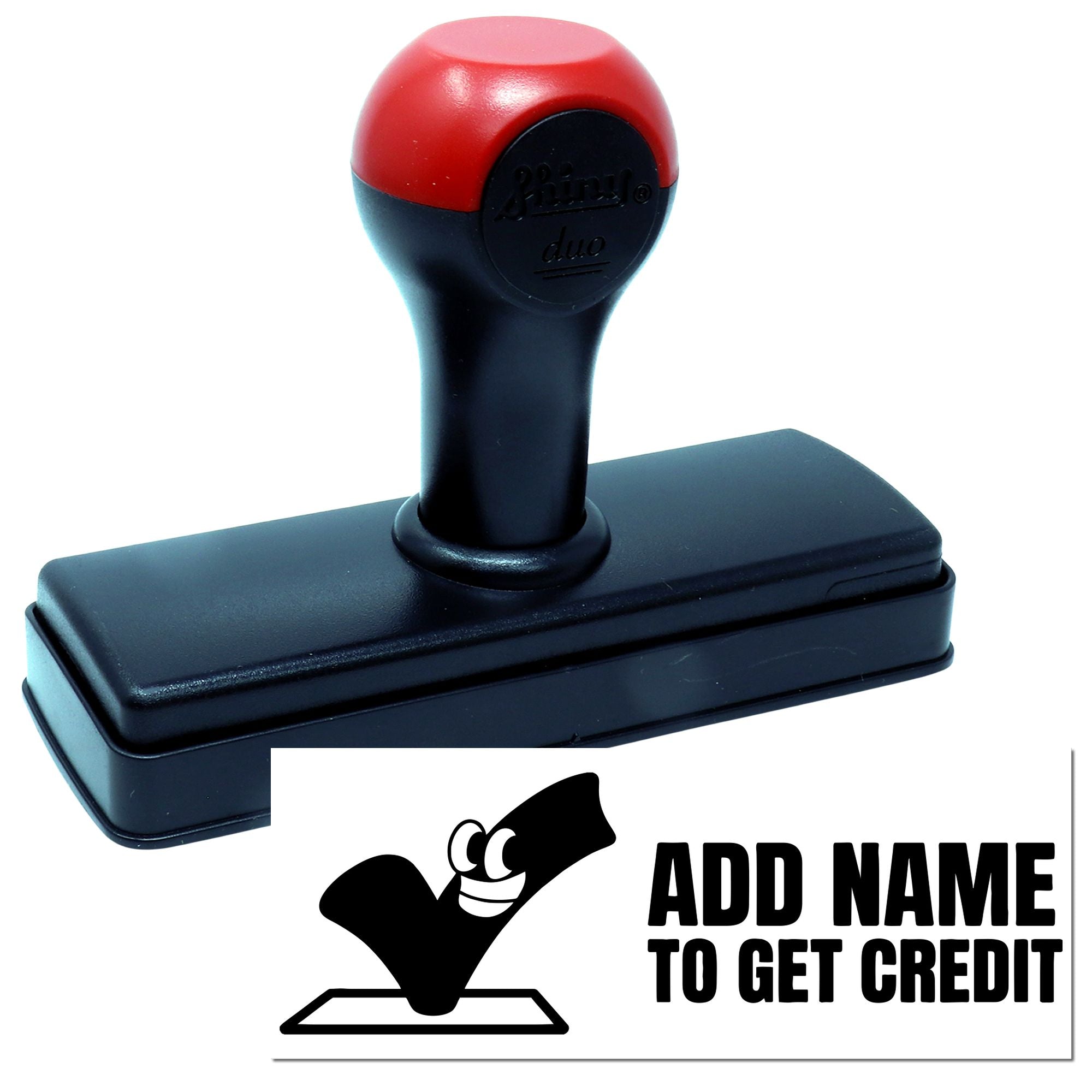 Custom self-inking rubber stamp with Add Name to Get Credit imprint for personalized business branding.