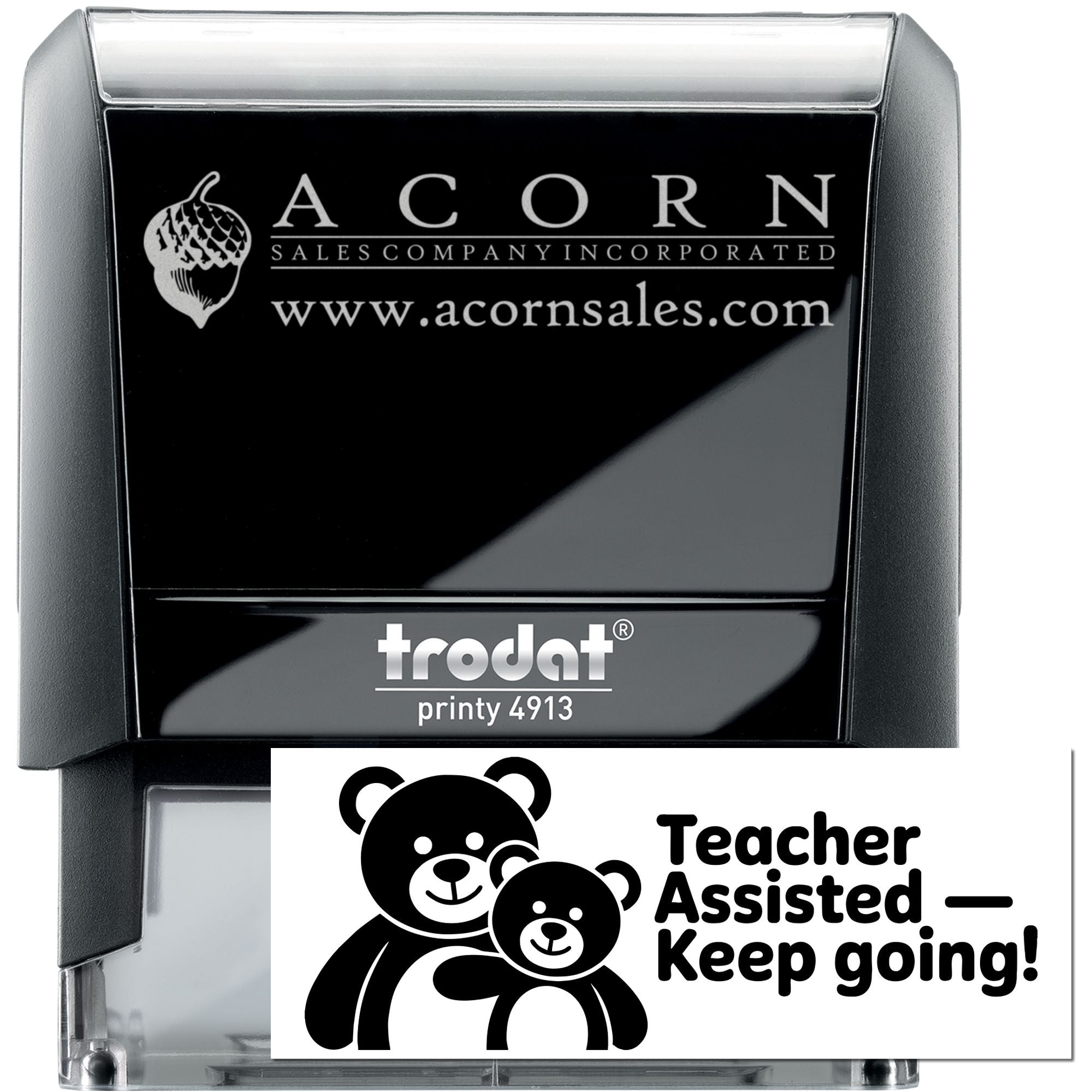 Trodat Printy 4913 self-inking rubber stamp with Acorn Sales logo and teacher assisted encouragement stamp design.
