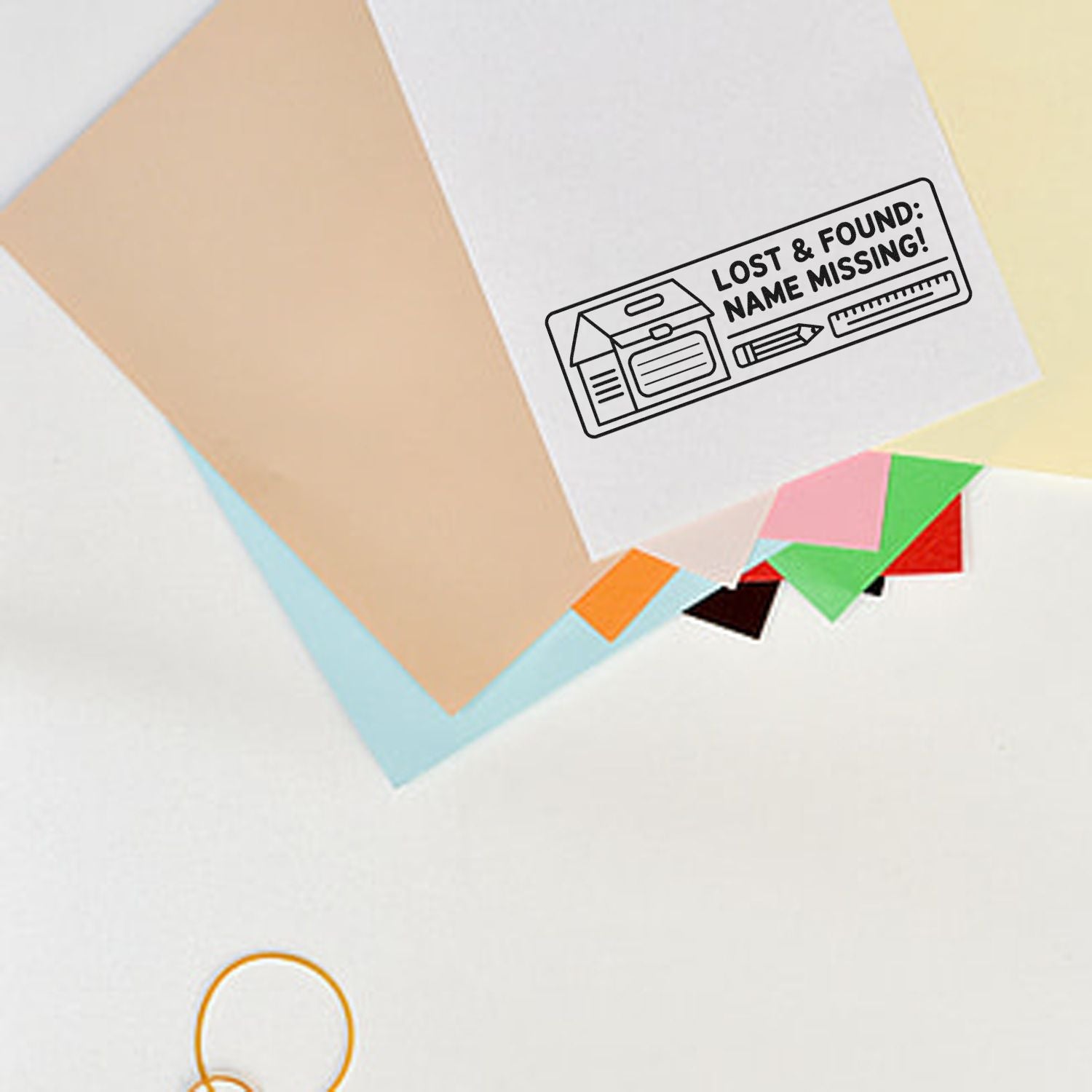 Lost and found name missing rubber stamp for labeling school supplies and returning misplaced items.