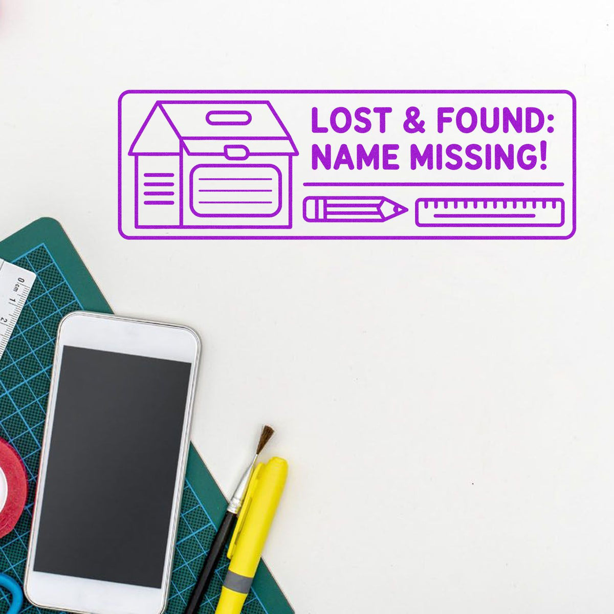 Custom rubber stamp design reading Lost & Found: Name Missing for labeling school supplies and personal items.