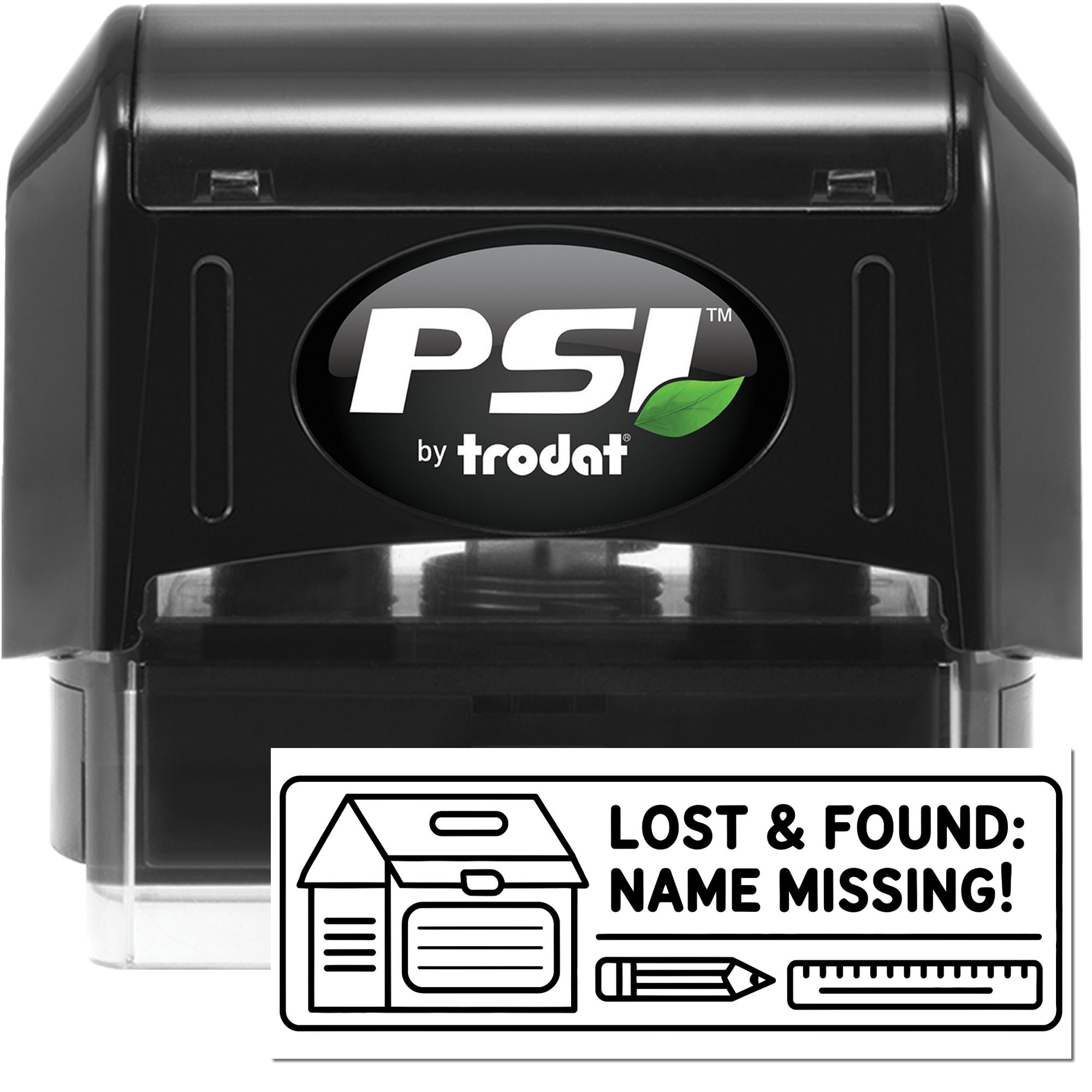 PSI by Trodat self-inking rubber stamp for lost and found items, with Name Missing school supply imprint.
