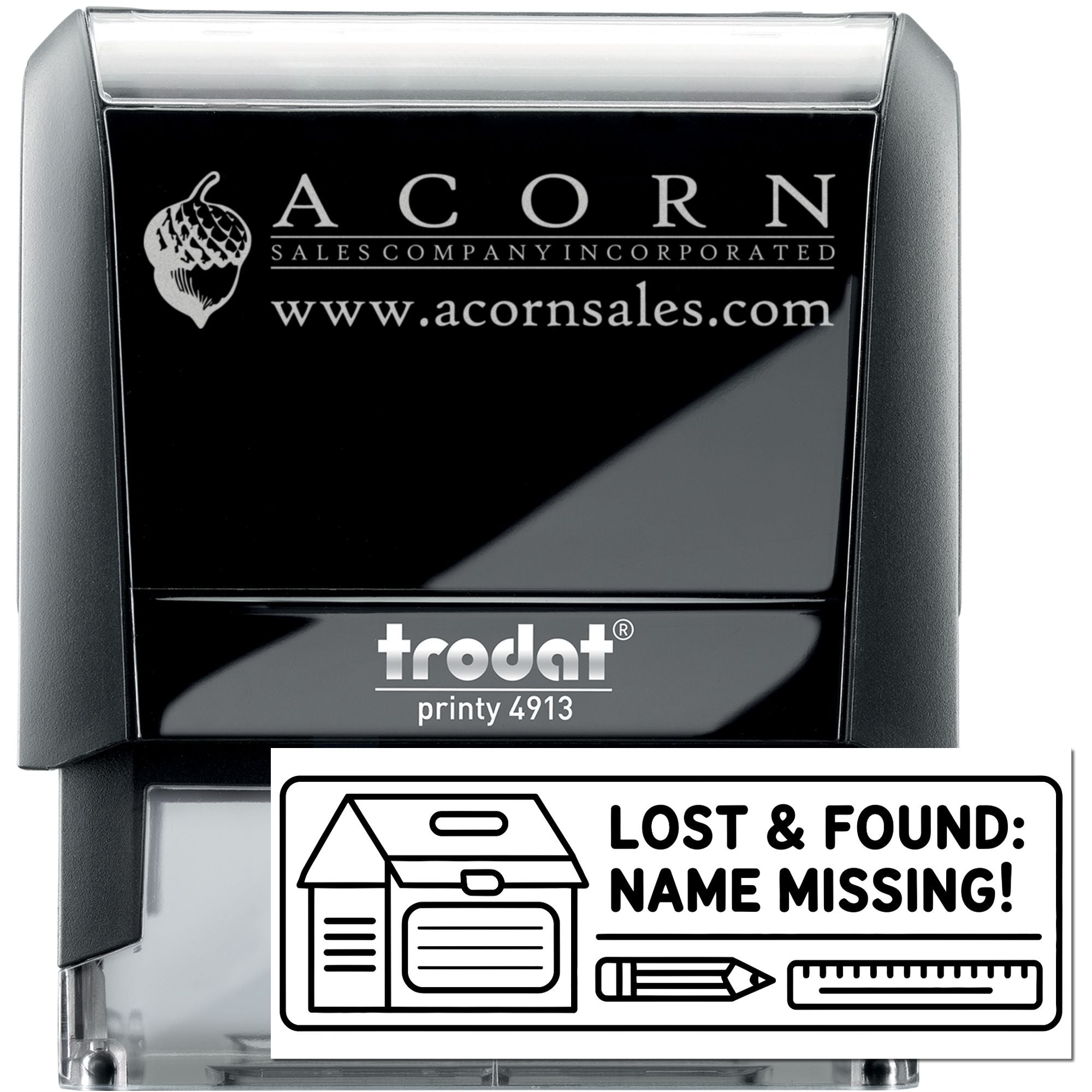 Custom self-inking rubber stamp for lost and found items, with Name Missing! message for school or office use.
