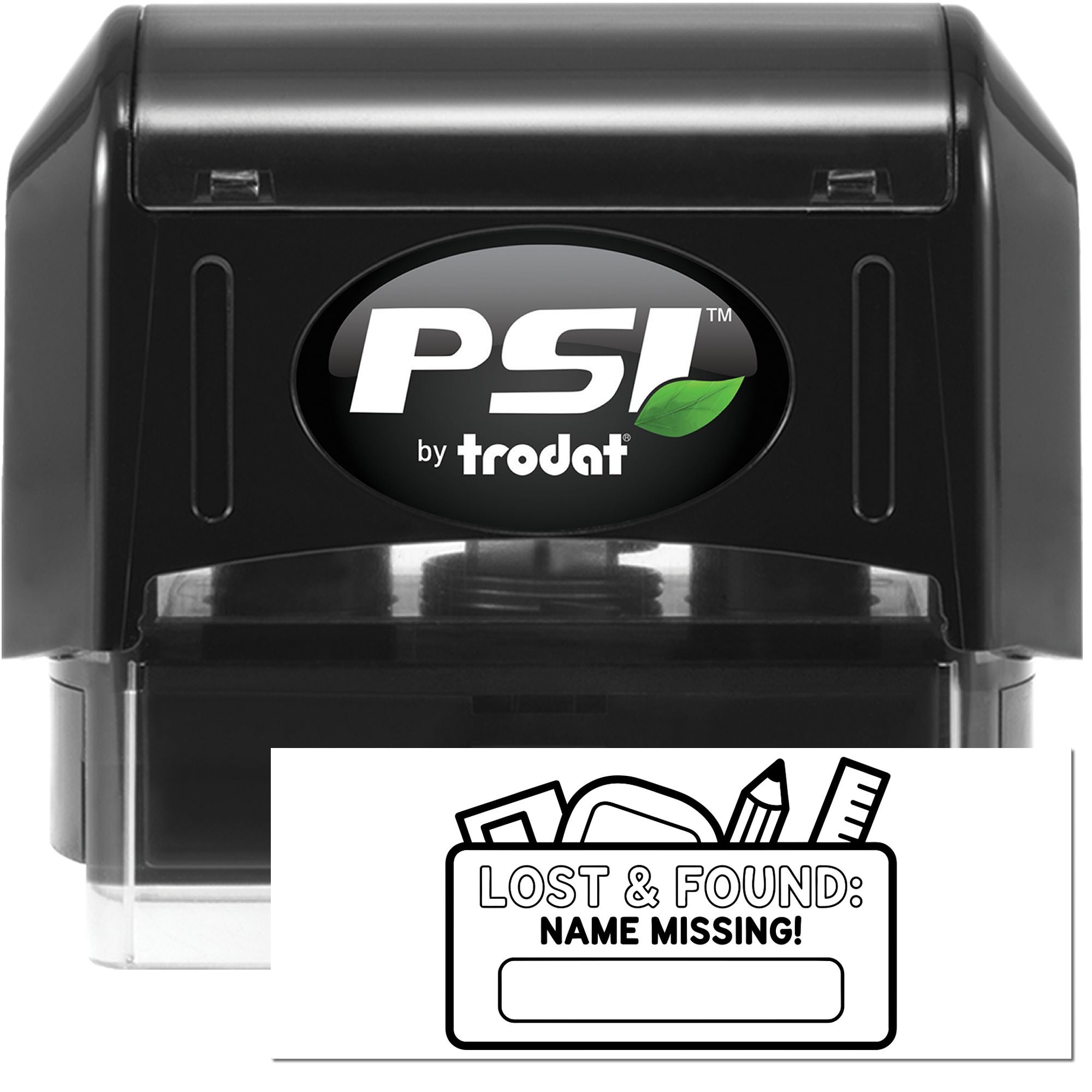 PSI by Trodat self-inking rubber stamp for lost and found name missing labels and office organization