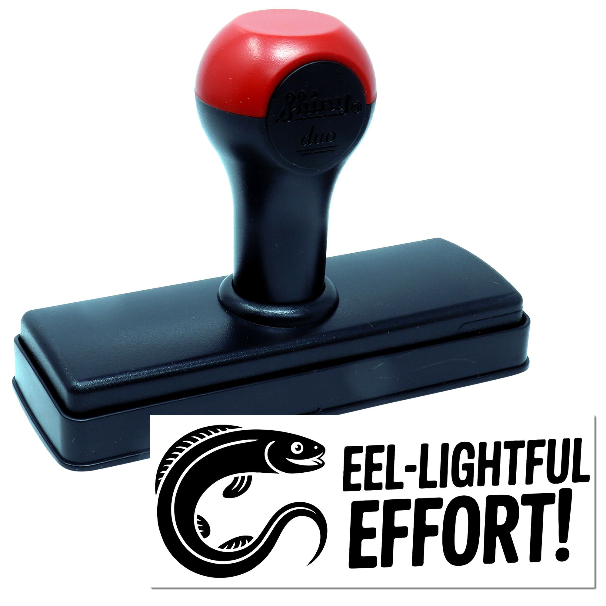 Self-inking rubber stamp with custom eel logo and Eel-Lightful Effort! imprint for branding and packaging.